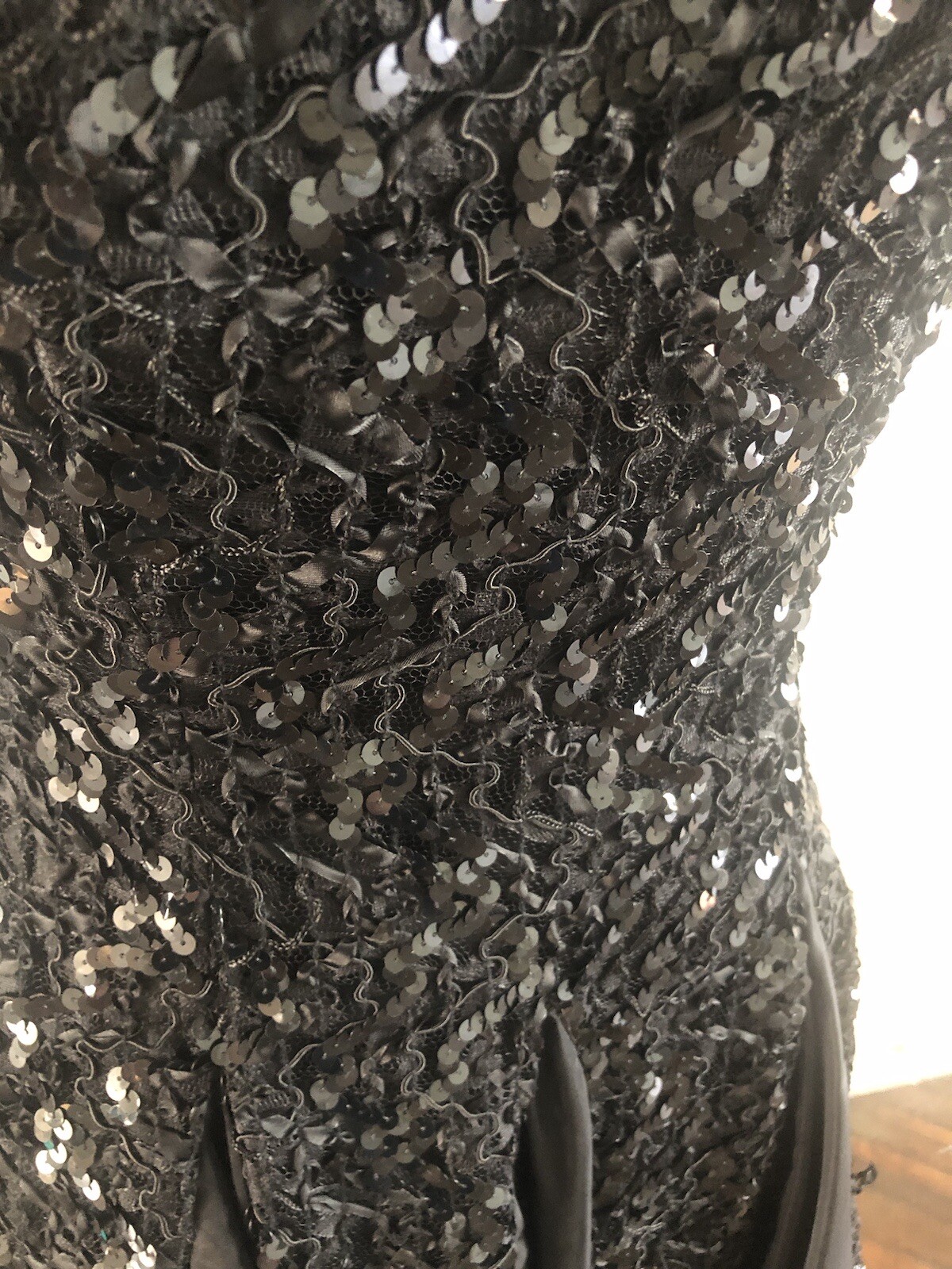 Elegant 1980’s Black Sequin & Ribbon Strapless Dress, XS/S