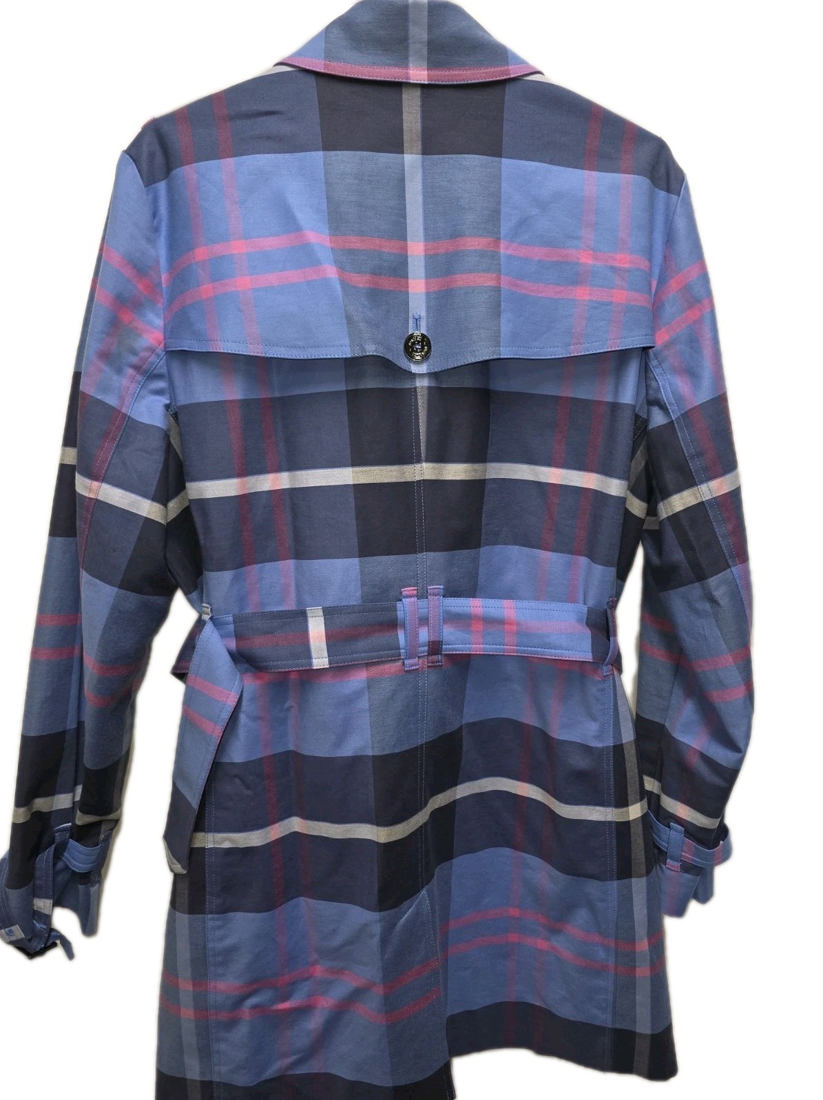 Vintage Jones New York Signature Blue Plaid Check Belted Trench Coat Size XL
