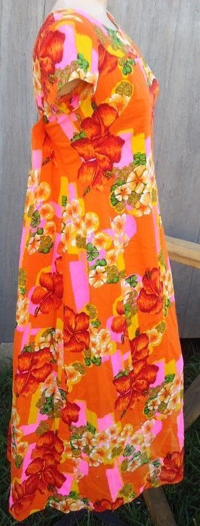 LN VTG 60s Orange Pink Yellow Floral Hawaiian Cotton Dress Penneys Beach Dress