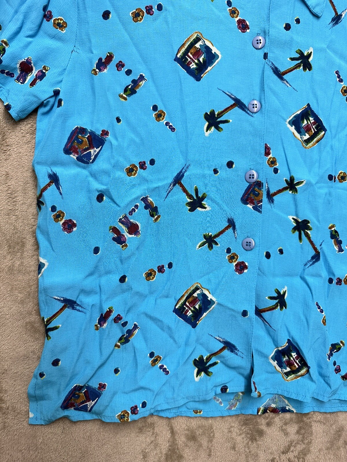 VTG 80s womens SA designs Hawaiian palm tree Button Down Shirt made in USA Blue