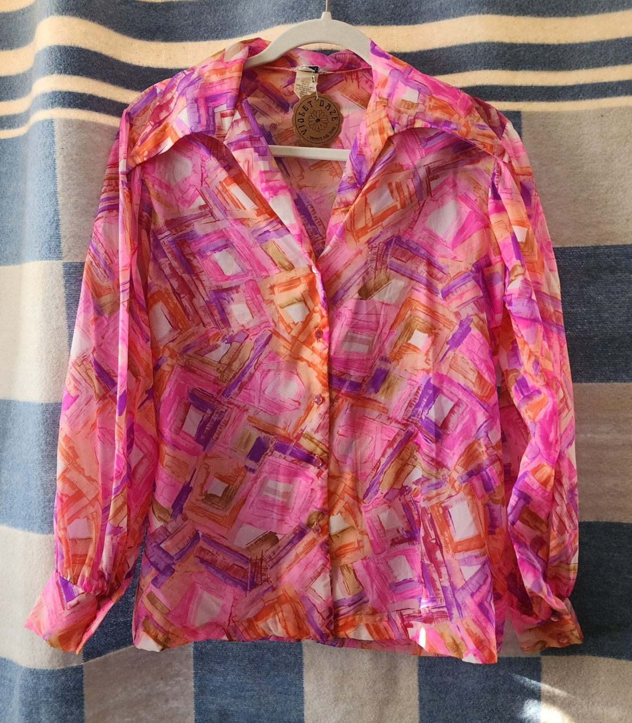 1970s Vintage Neon Mardi Modes Blouse Semi Sheer Dagger Collar Medium