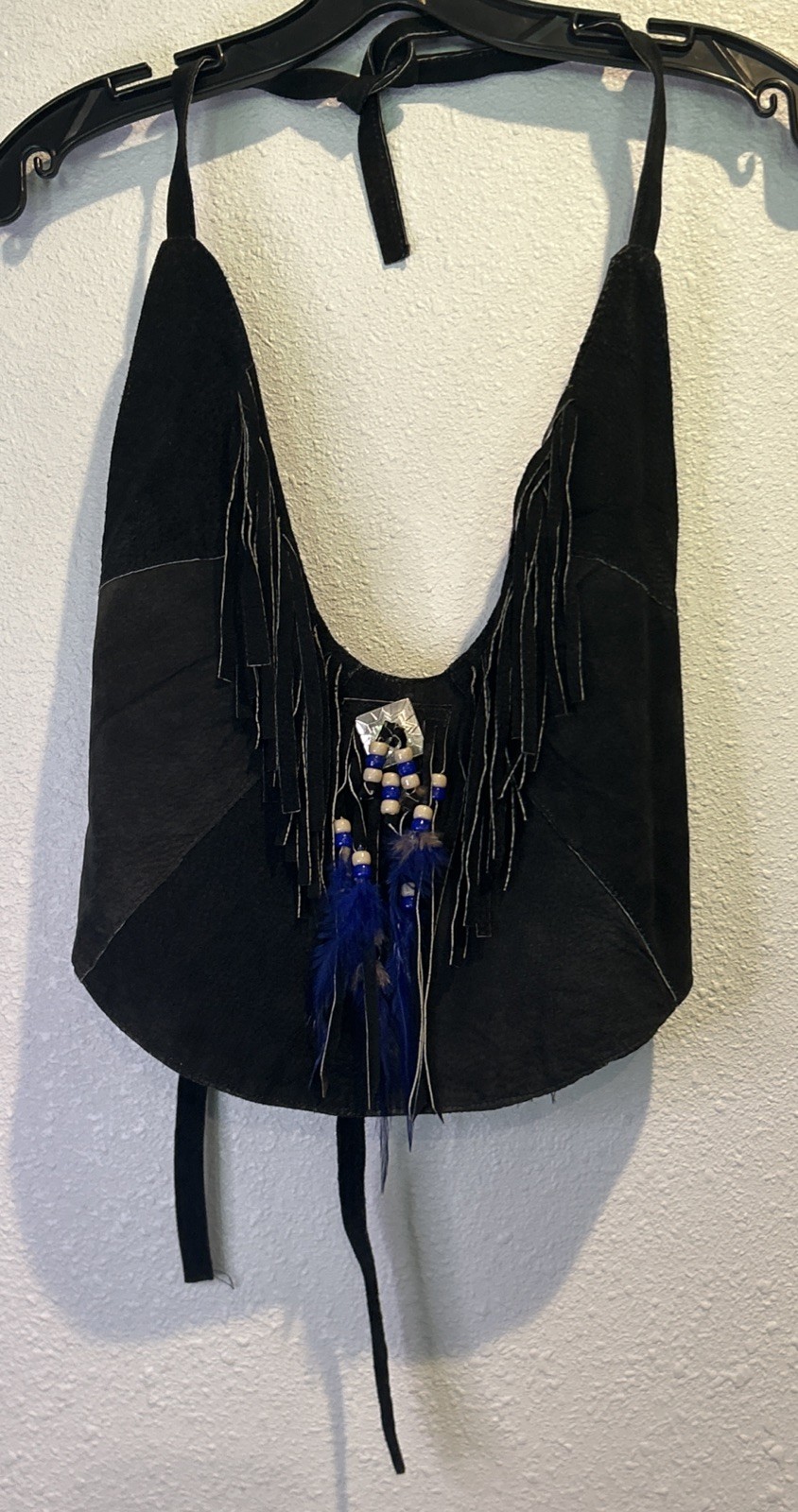 Vintage Black Suede Leather Fringe Black Concho Halter Top Beaded
