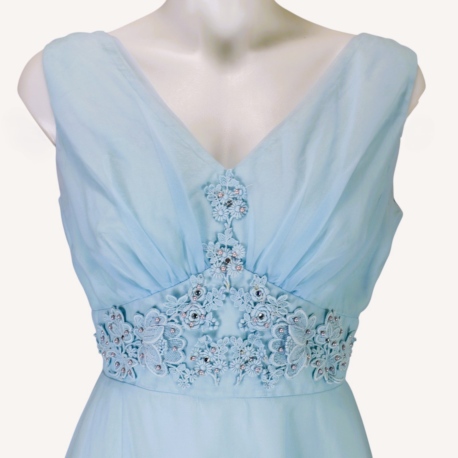 Vintage 1960s Aqua Blue Chiffon Bridesmaid Dress Midi Empire Waist Beaded 6-8
