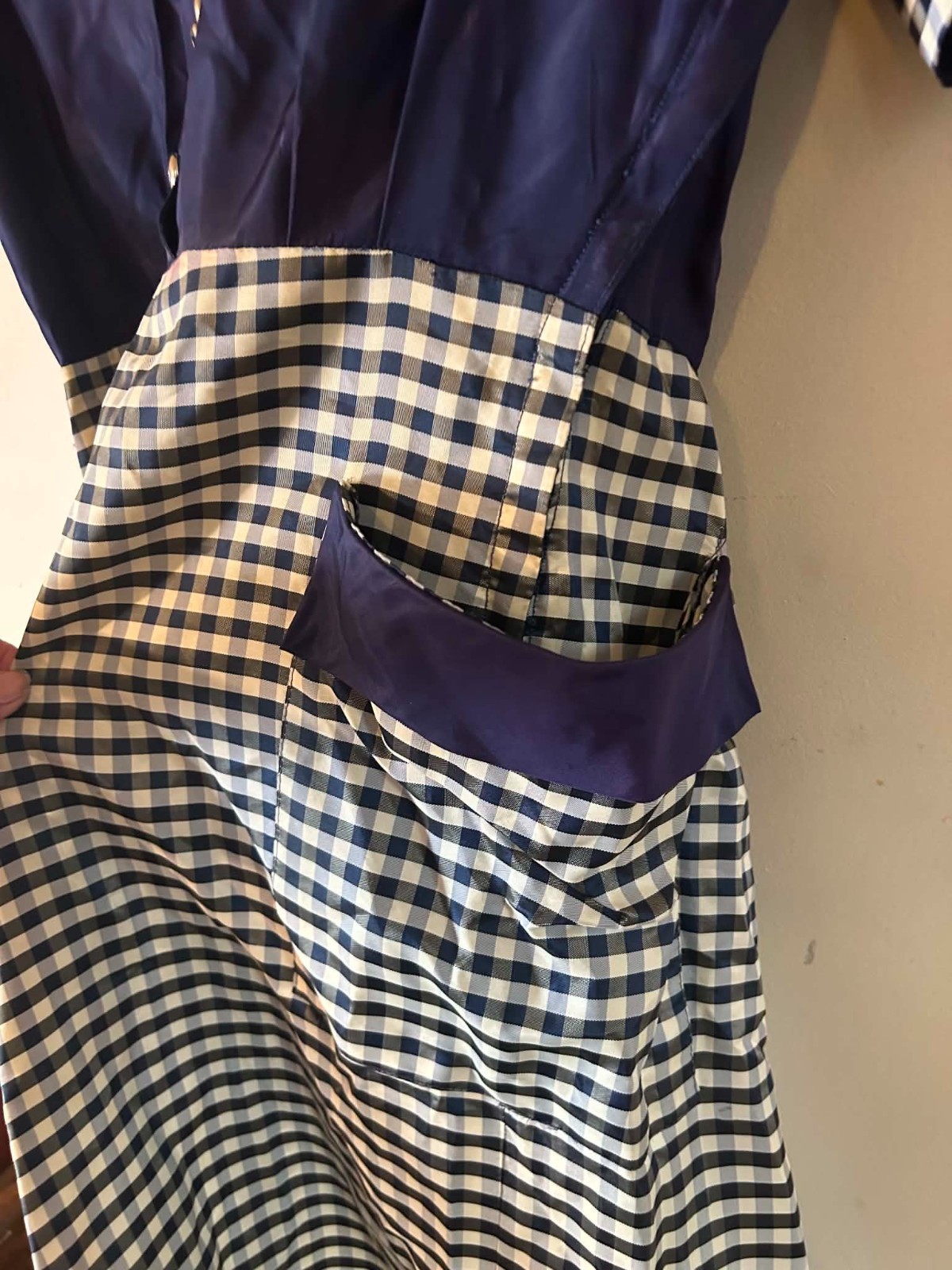 VTG 1950s Pin Up Rockabilly Handmade Navy Blue Gingham Satin Metal Buttons Small