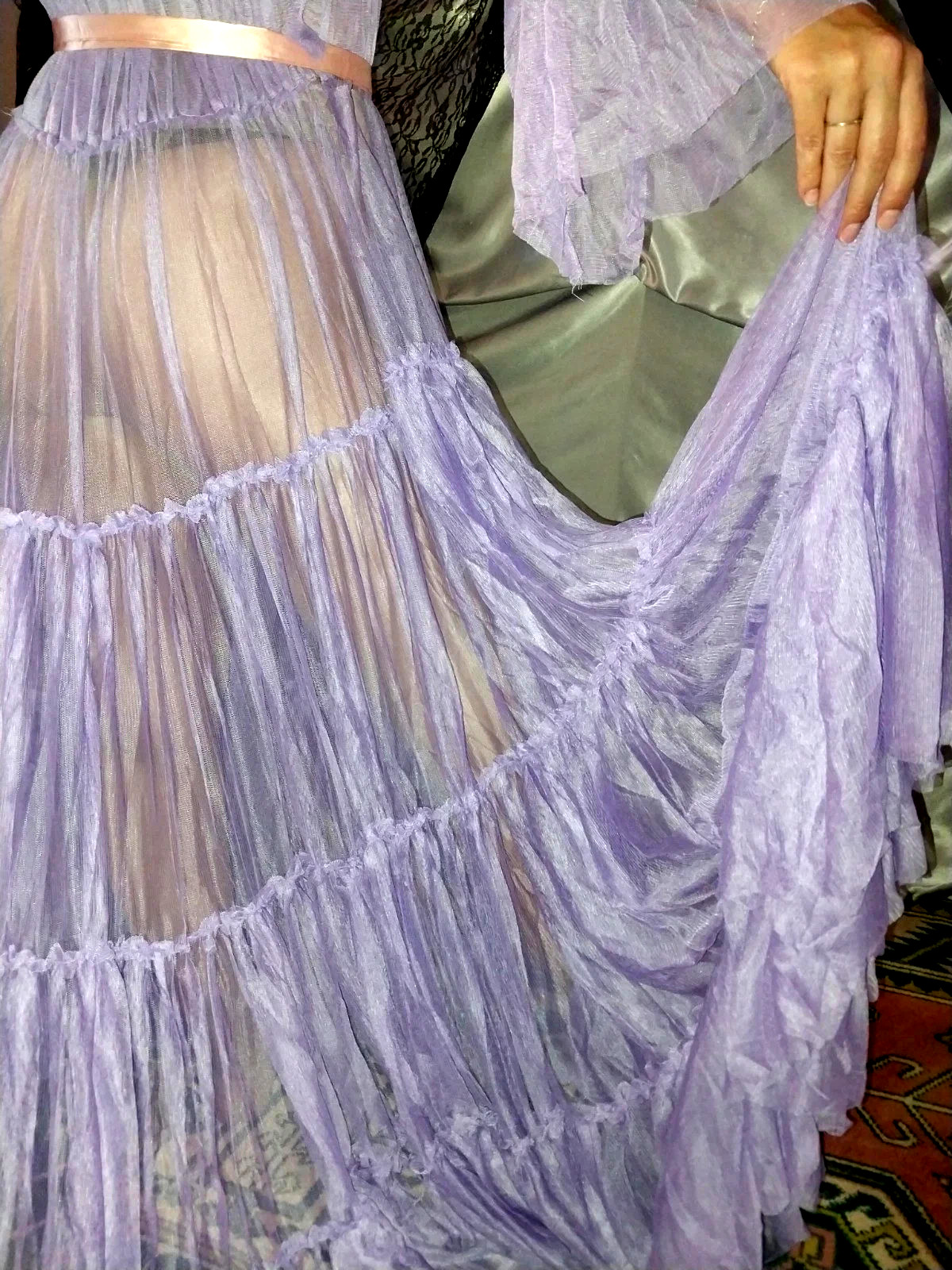 VTG SILKY PURPLE SHEER LAYERS BELL SWEEP NEGLIGEE NIGHTGOWN SISSY 48 OSFM