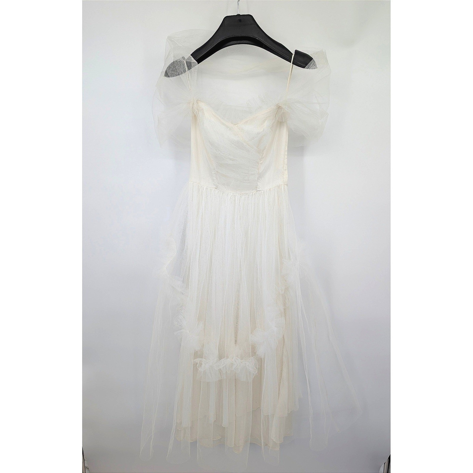 Vintage White Strapless Tulle Party Dress Detachable Shawl Fit & Flare Bridal XS