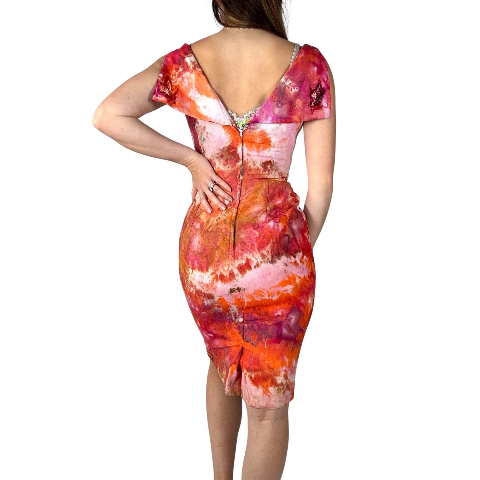 Hand Dyed Vintage 50s Dress Carol Craig Ice Dyed Wiggle Dress Orange Pink Cotton