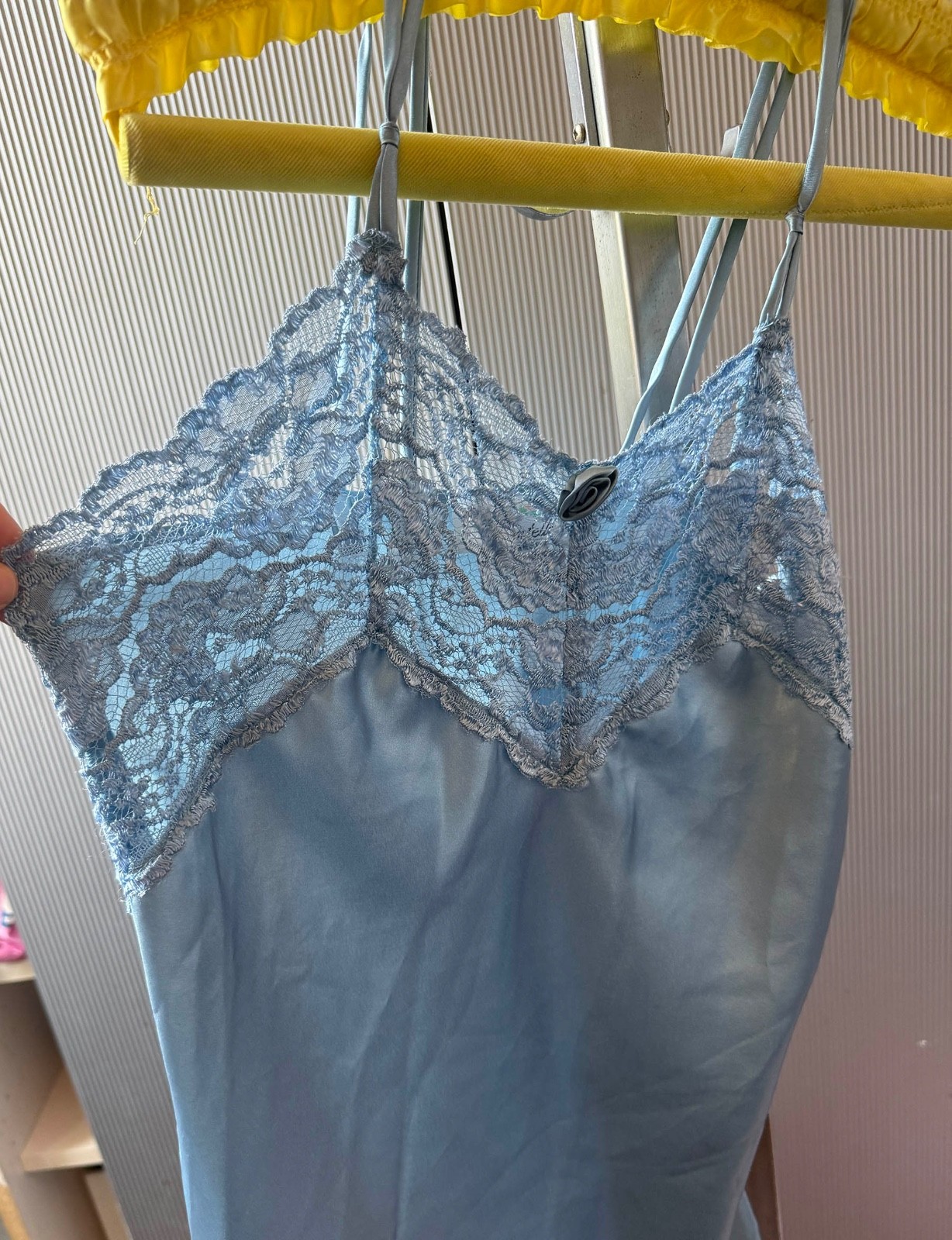 Vintage 90s Silky Satin Slippery Lingerie Lace Rose Baby Doll Blue Slip Dress S