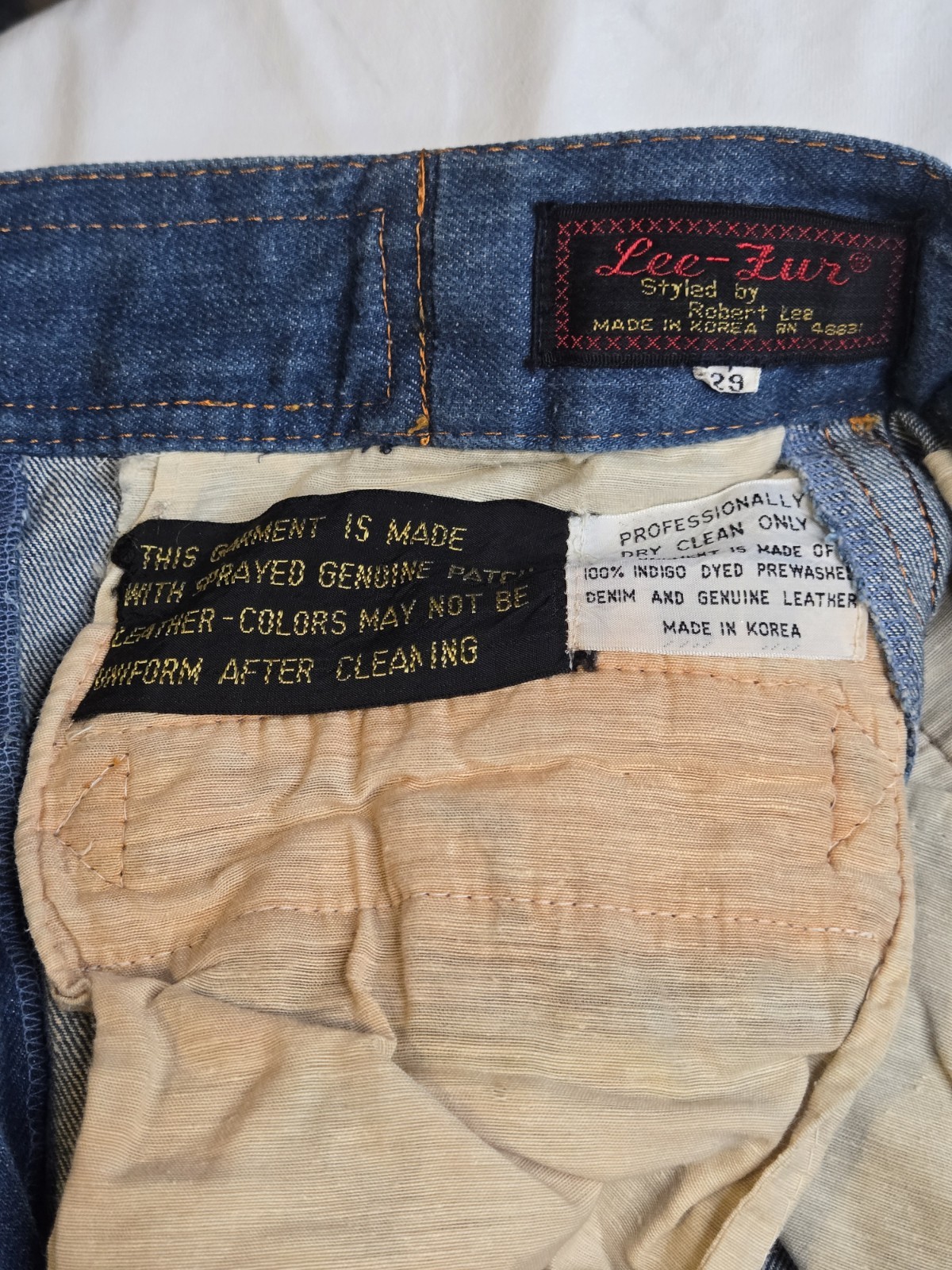 Vintage 70’s Lee-Fur Denim Leather Panel Bell Bottom Jeans 29×34