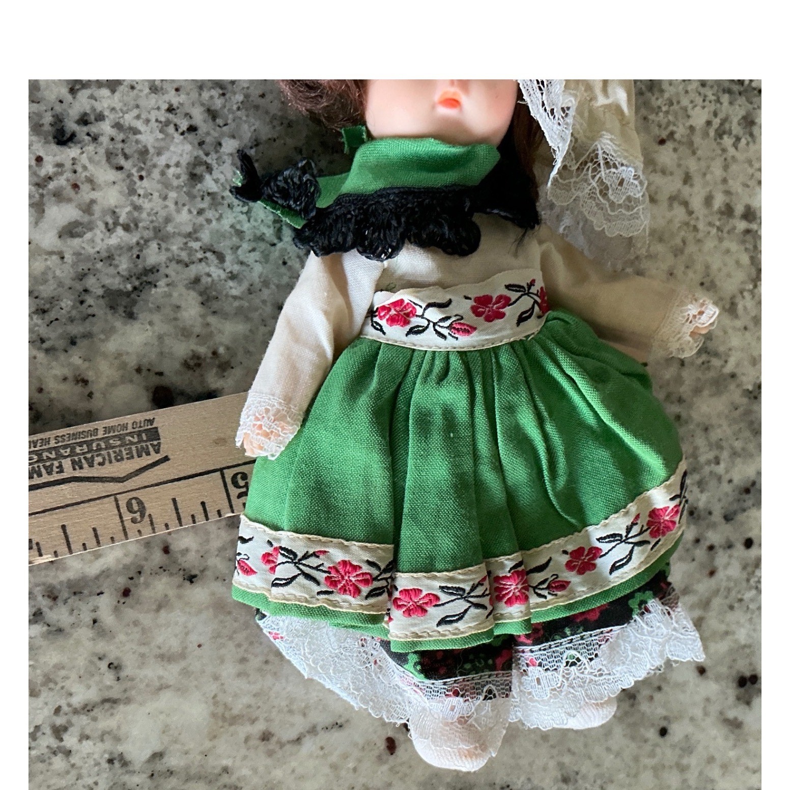 Vogue Vintage 1972 International Doll Green Floral Folk Dress 8 Inch Brunette