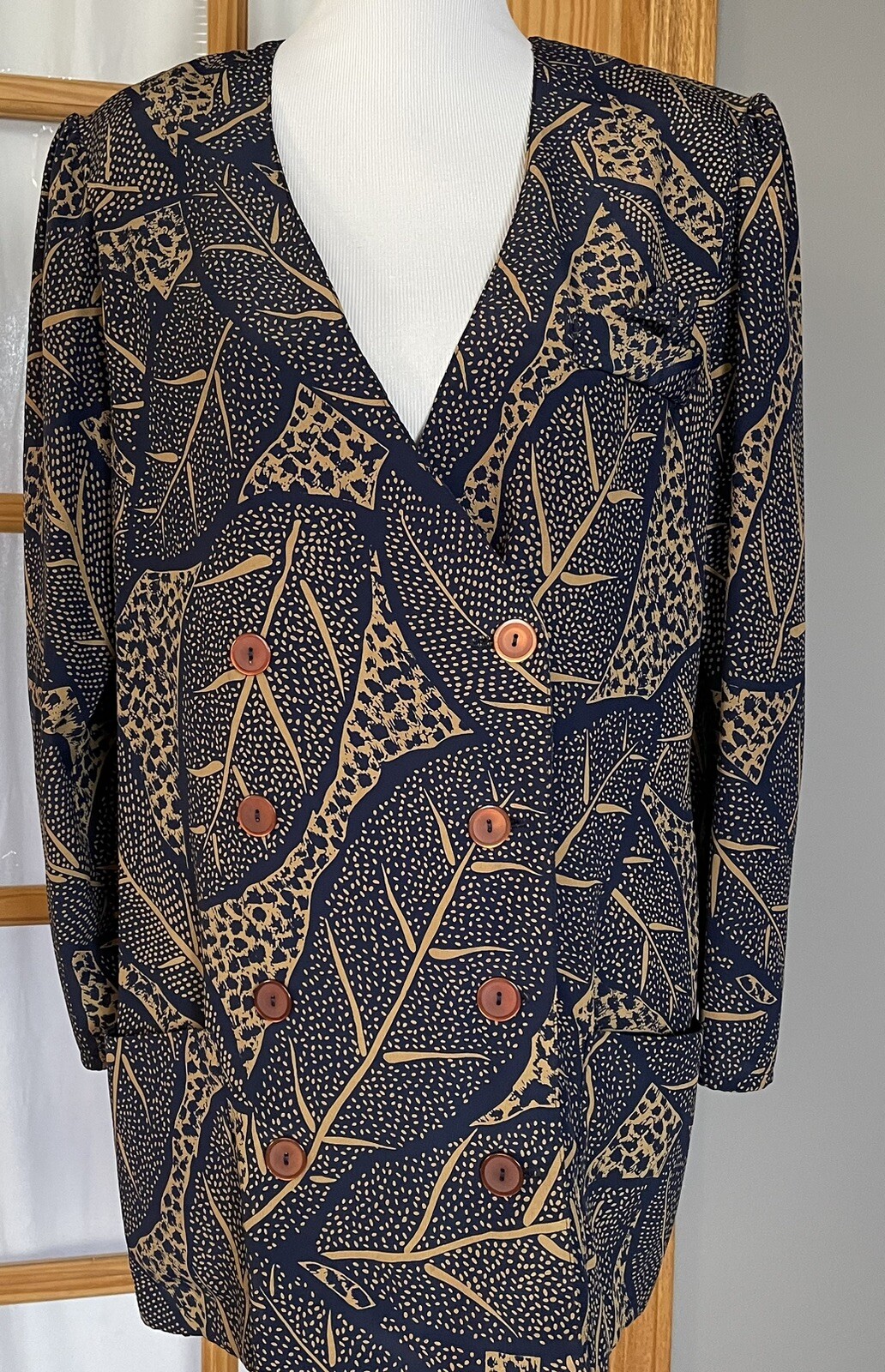 Lori Max USA Blazer Jacket Womens 14 Beige Black Double Breasted Buttons Career