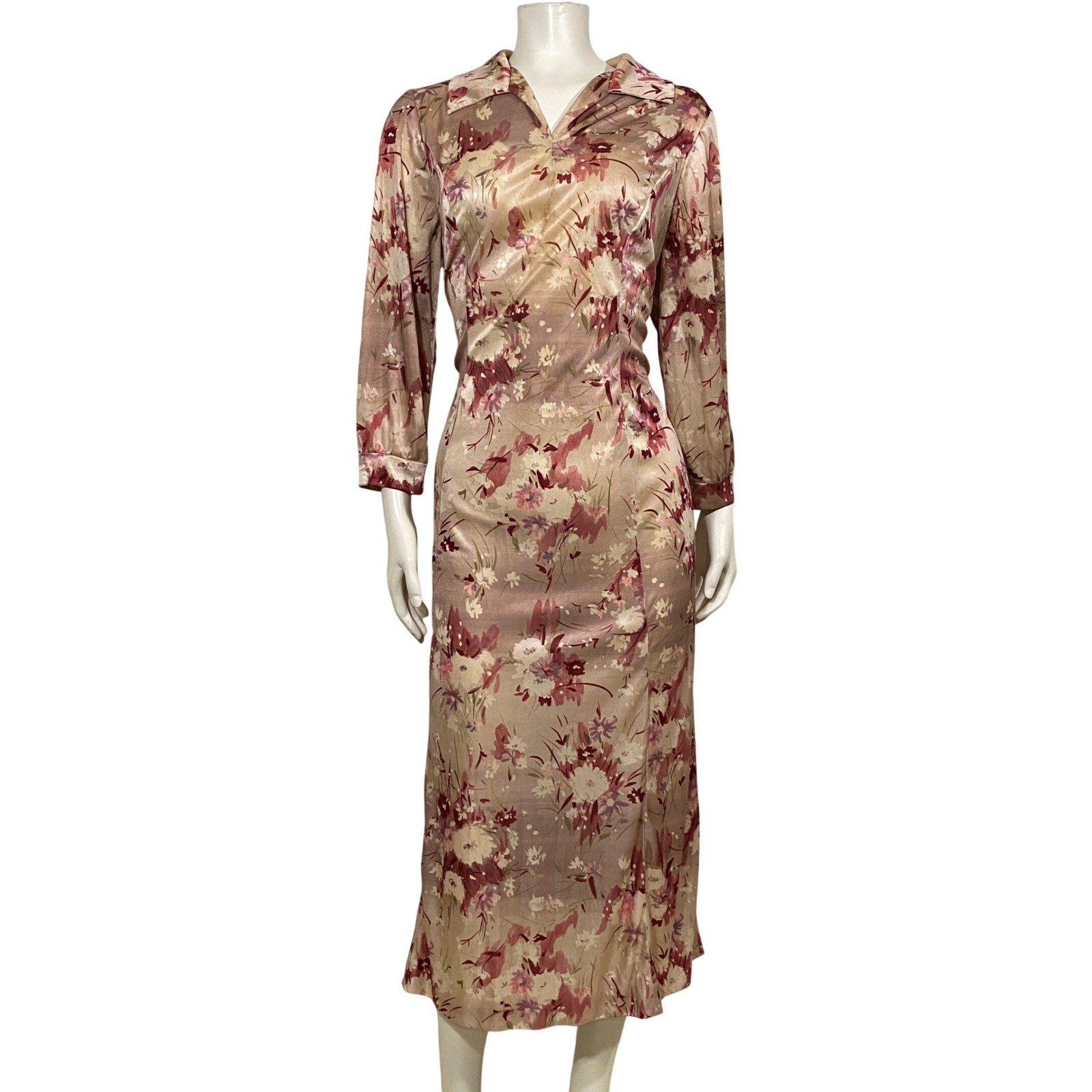 Romantic Vintage Whimsigoth Satin Floral Midi Dress Size Large Handmade 70s