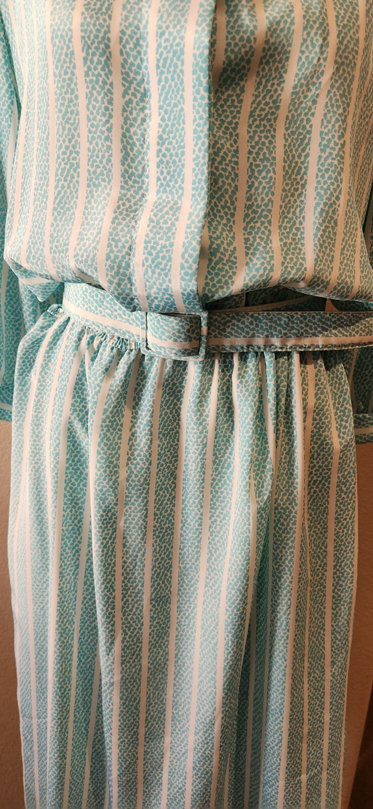 VtG Pellini 80s Aqua Blue And White Striped Belted Dress Shoulder Pads 13/14