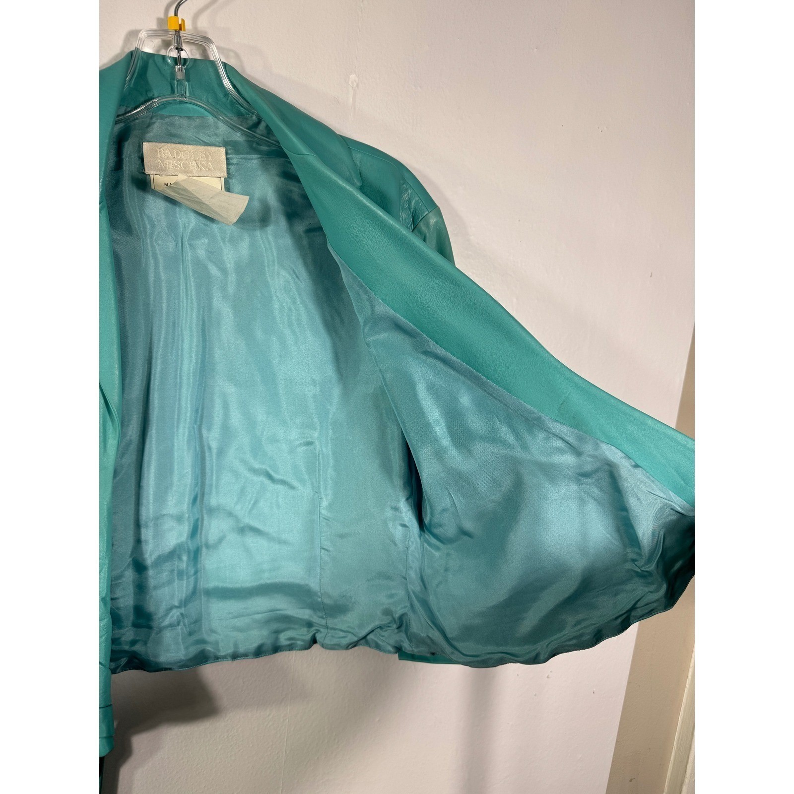 Badgley Mischka Vintage Teal Leather Jacket Silk Lined Cropped Tie Waist Sz M/8
