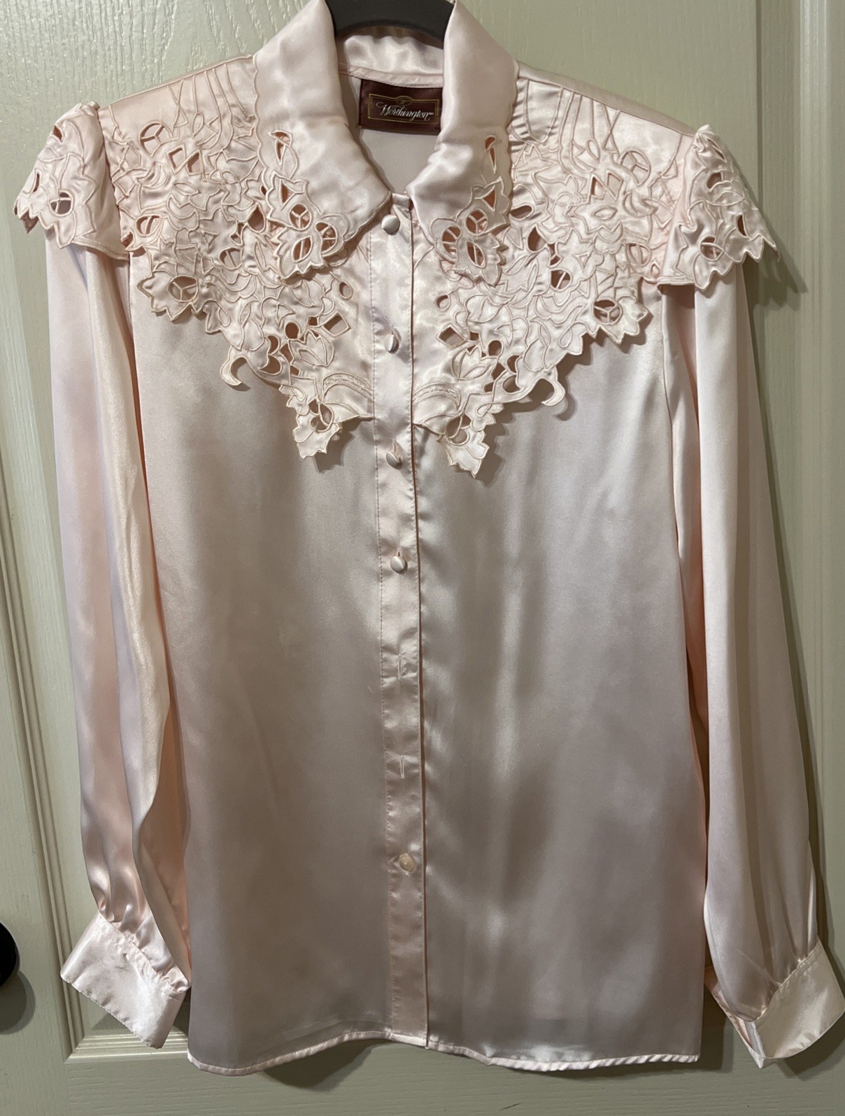 Vintage Light Pink Silky Liquid Satin Button Secretary Blouse Top 6M Worthington
