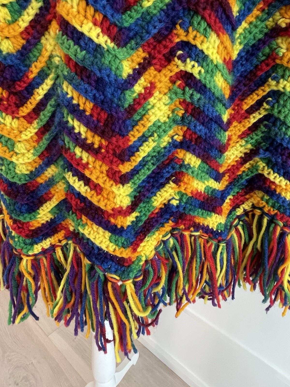 Vintage Handmade Crochet Poncho BOHO Fringe Button Up Festival Hippie OS Color