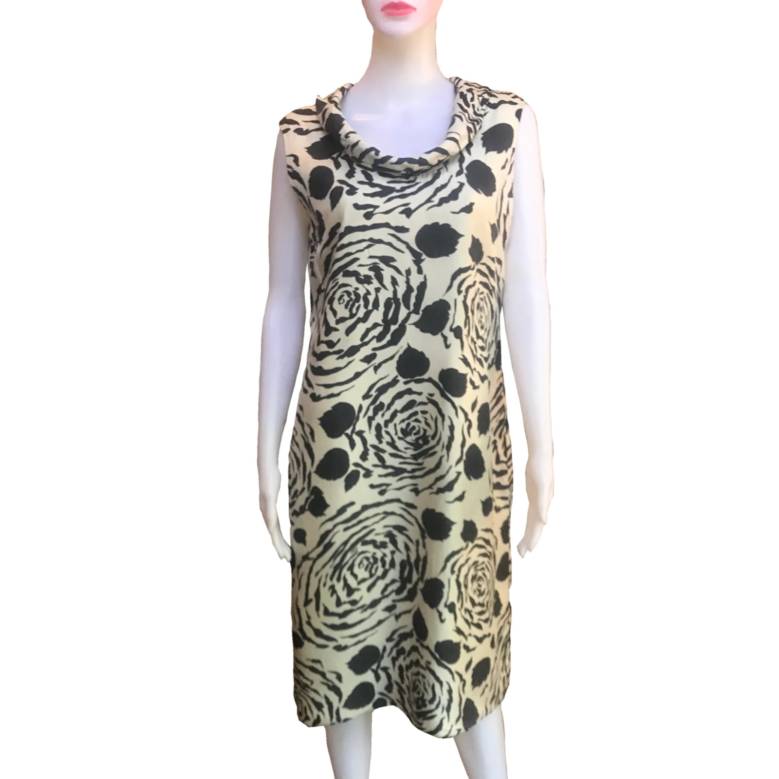 Vintage 1960s Raw Silk Sleeveless Sheath Cowl Neck Floral Print Size L