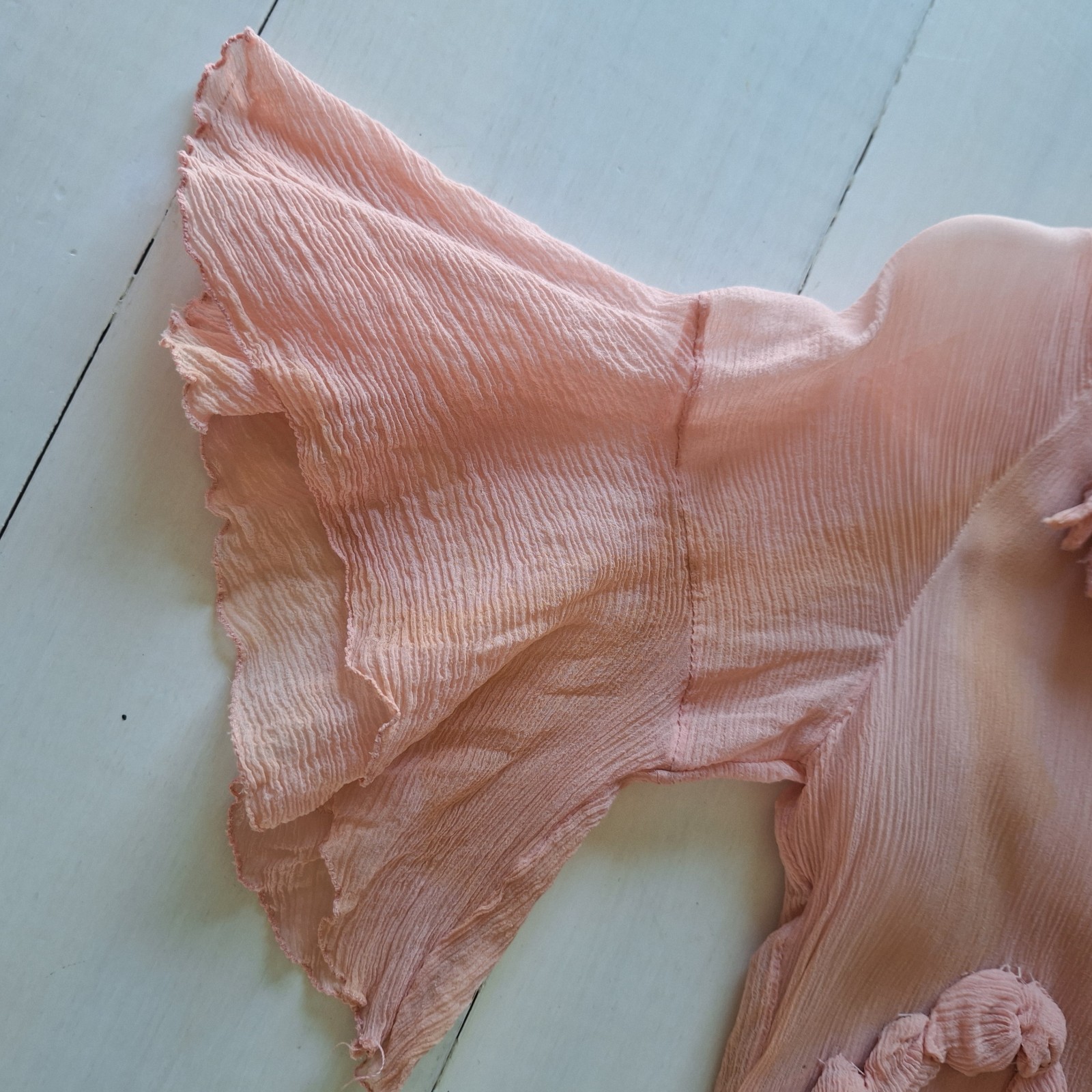 Antique 1930s Peach Chiffon Dress Rosette Trim Flutter Sleeve AS IS Art Deco
