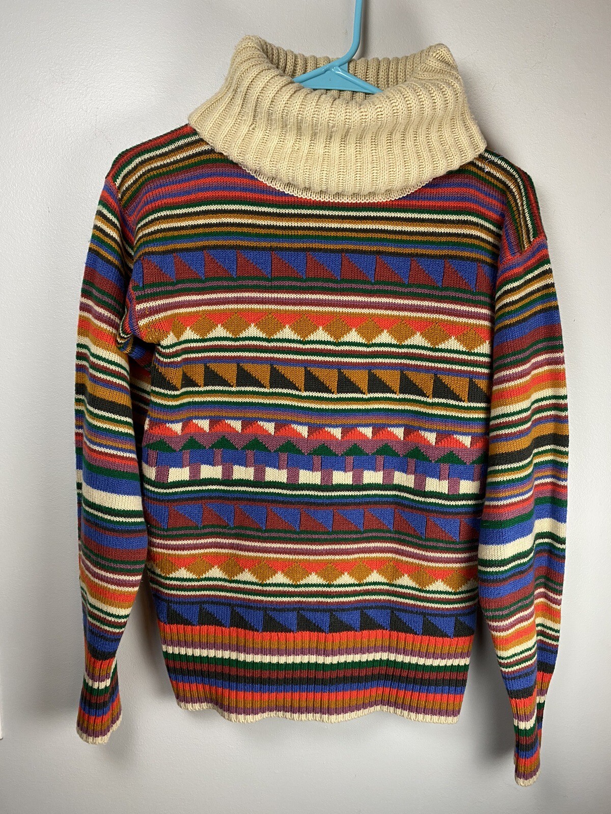 Vintage Sweater Womens Medium Colorful Knit Cowl Neck Geometric Acrylic 80s