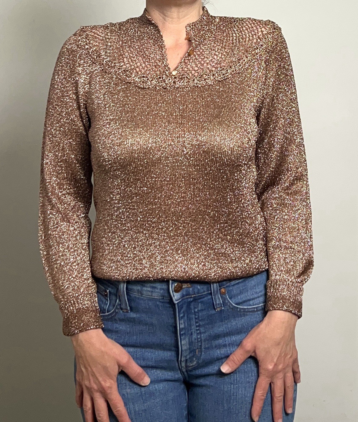 Vintage 70’s Gold Metallic Mesh Knit Sweater Disco Studio 54 M