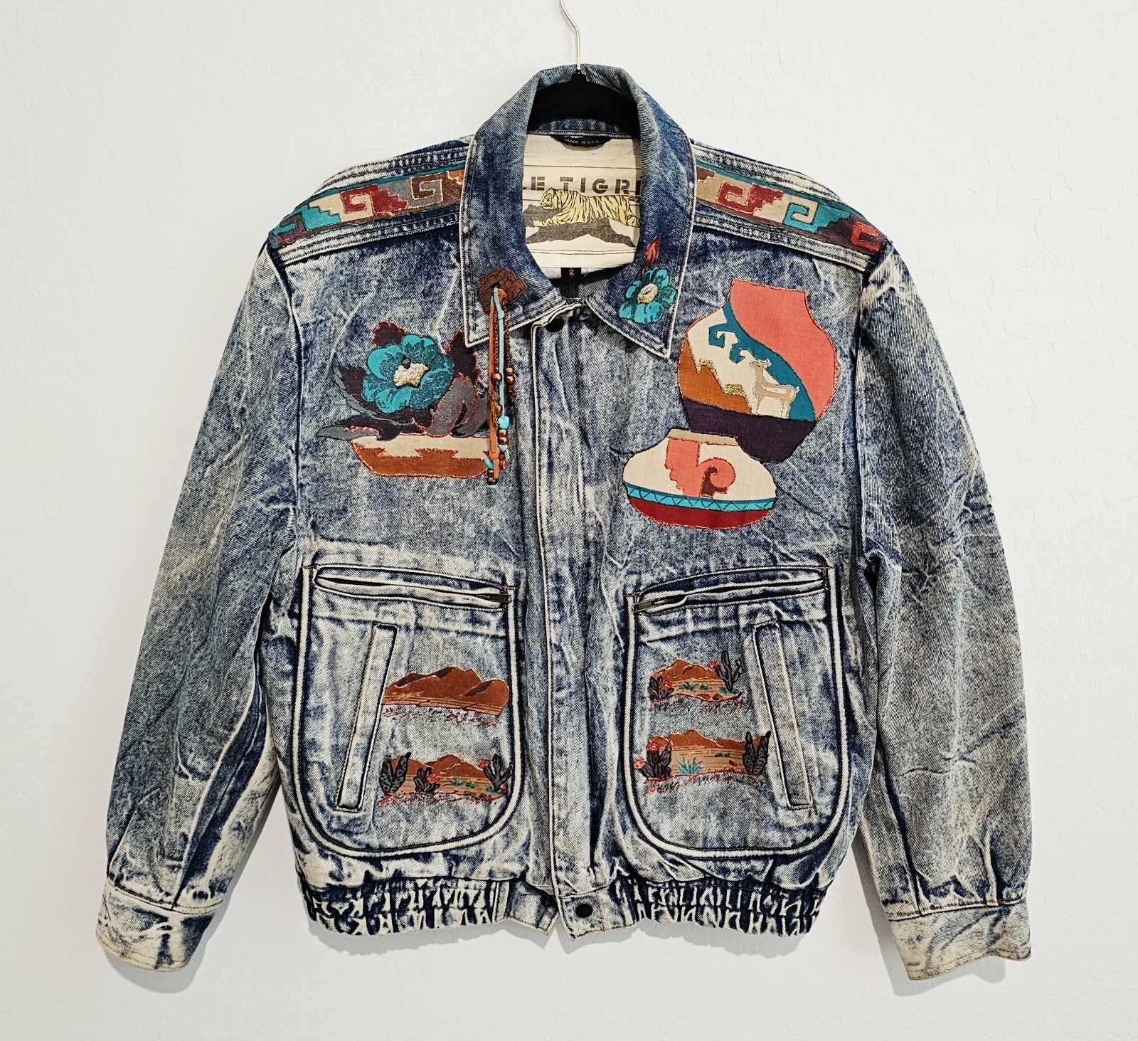 Vintage 80s Denim Jean Jacket Size M Acid Washed Southwestern Aztec Made In USA