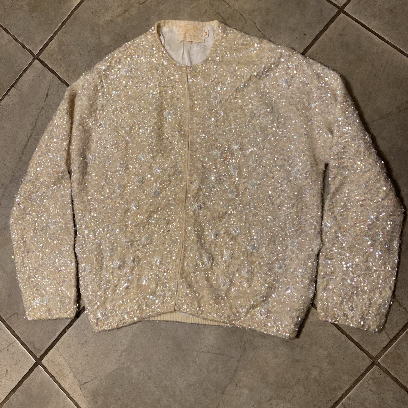 Vtg 50s Jo Ro Imports Beaded Cardigan Off White W/ Turquoise Floral Beads Sz 38