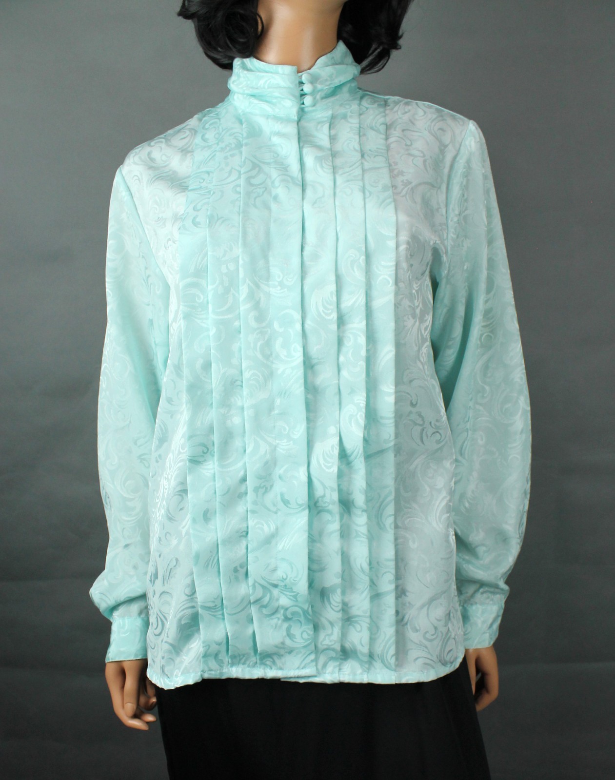 Turtleneck Blouse Sz 10 M Vintage Aqua Blue Pastel Shiny Brocade Dress Shirt