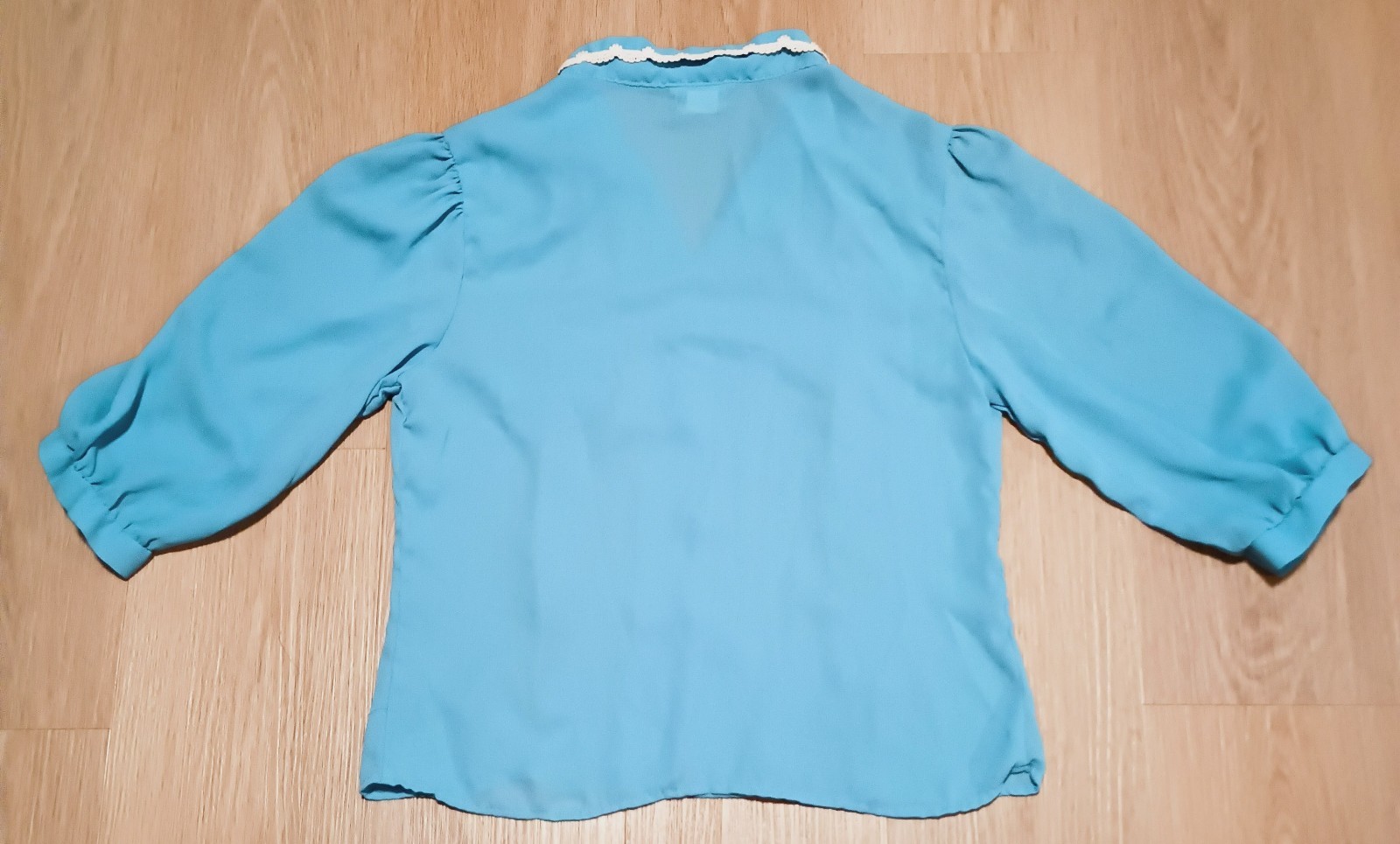 Vtg 70s Semi Sheer Baby Blue MOD Crochet Trim Career Office Blouse Top M