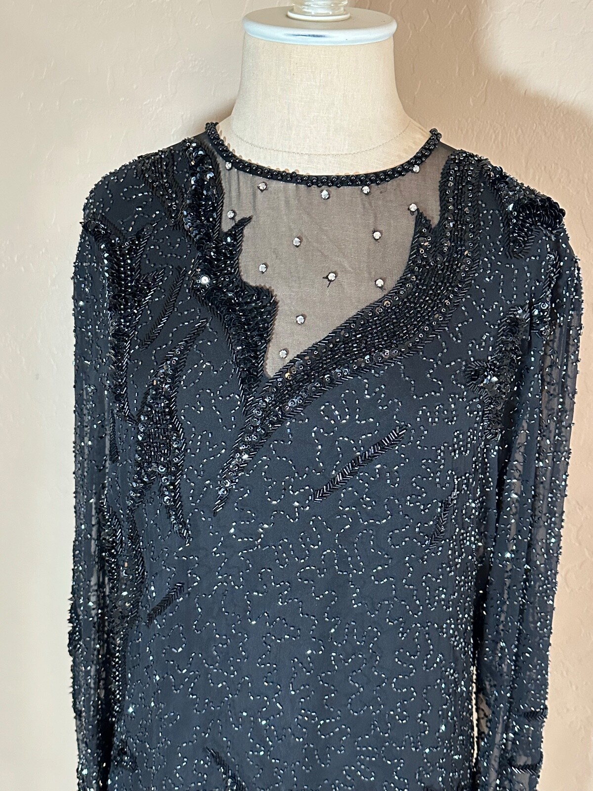 Vintage Sho Max Sheer Black Sequin Beaded Rhinestone Lined Top Blouse Sz M
