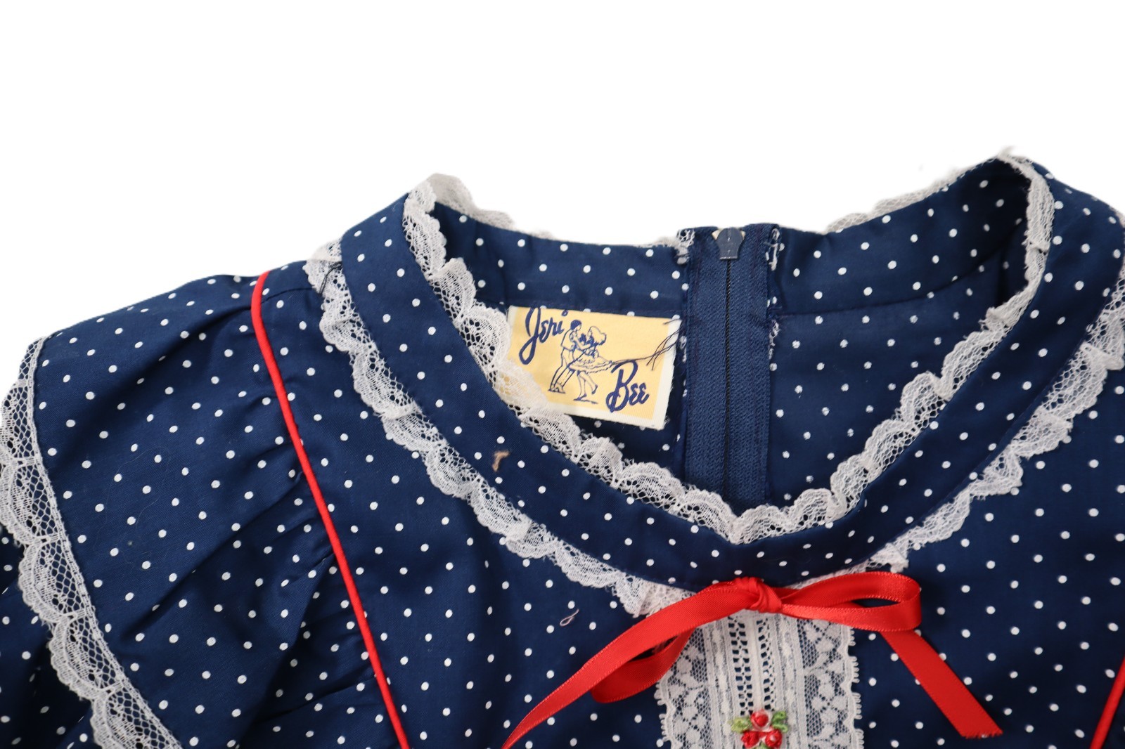 VTG 60s Jeri Bee USA 0 XS Square Dance Prairie Lace Polka Dot Knee Dress Blue