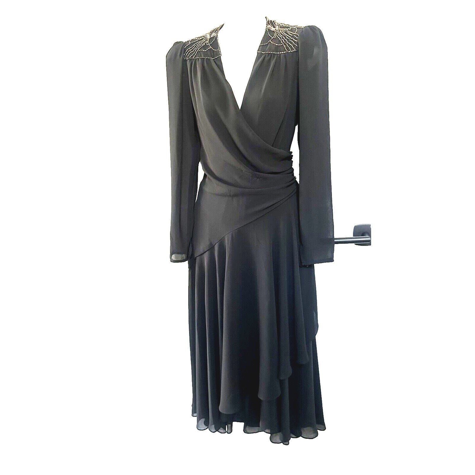 Vintage Casadei Black Chiffon Dress Beaded Shoulder RETRO GLAM SZ S