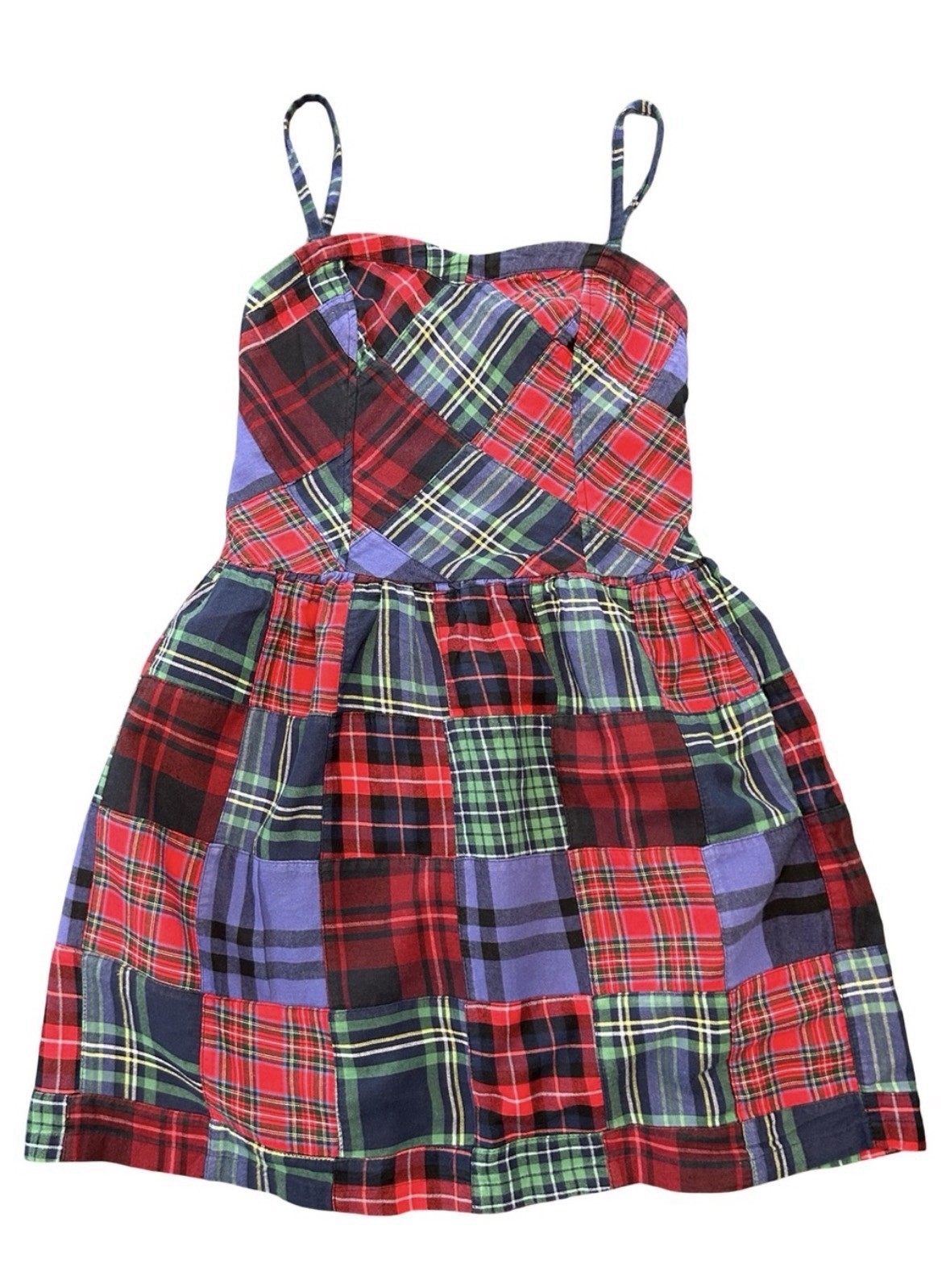 VTG 90s Grunge Plaid Patchwork Spaghetti Strap Dress Tartan Punk Indie Mini M