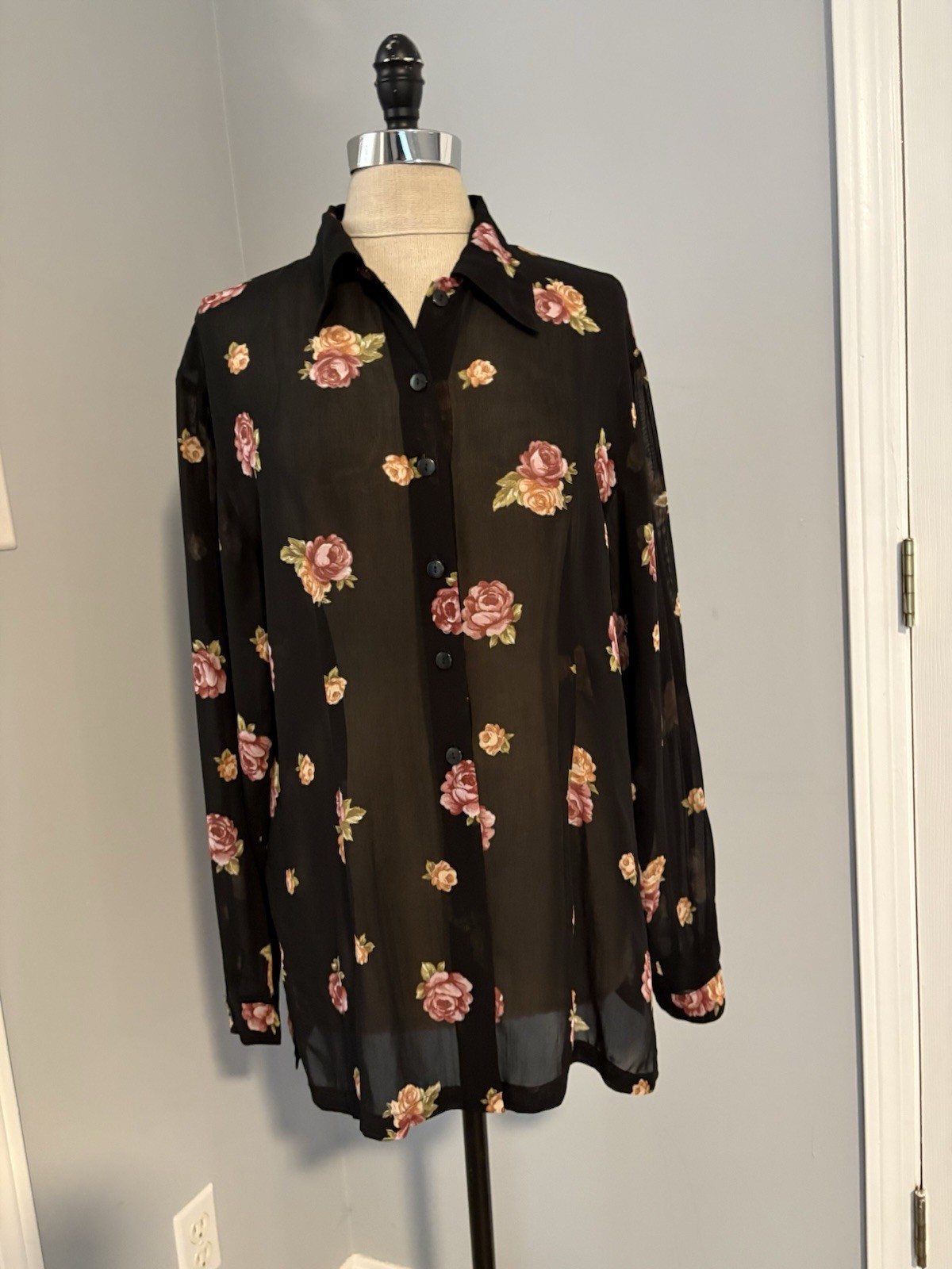 Vintage 80s Made/France Sheer Crepe Chiffon Rose Blouse New Romantic Goth Boho L