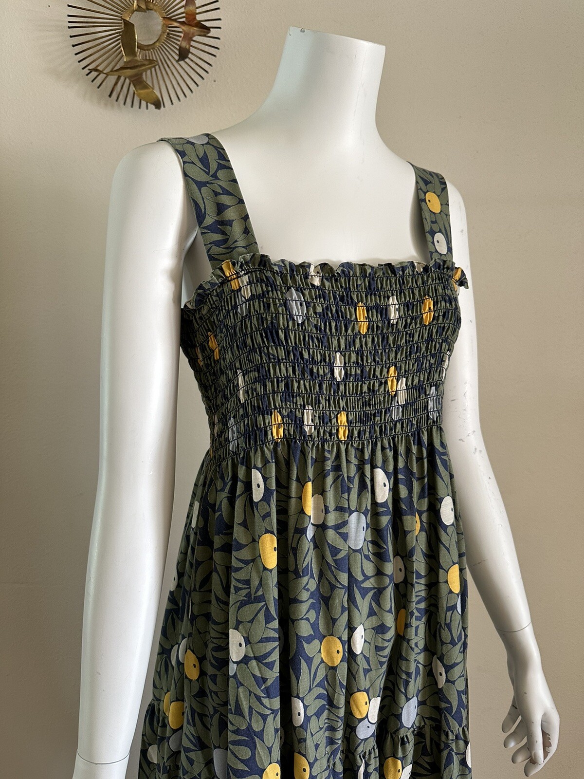 1970s Olive Print Smocked Maxi Dress Cotton Blend Hostess Resort Sundress OS VTG