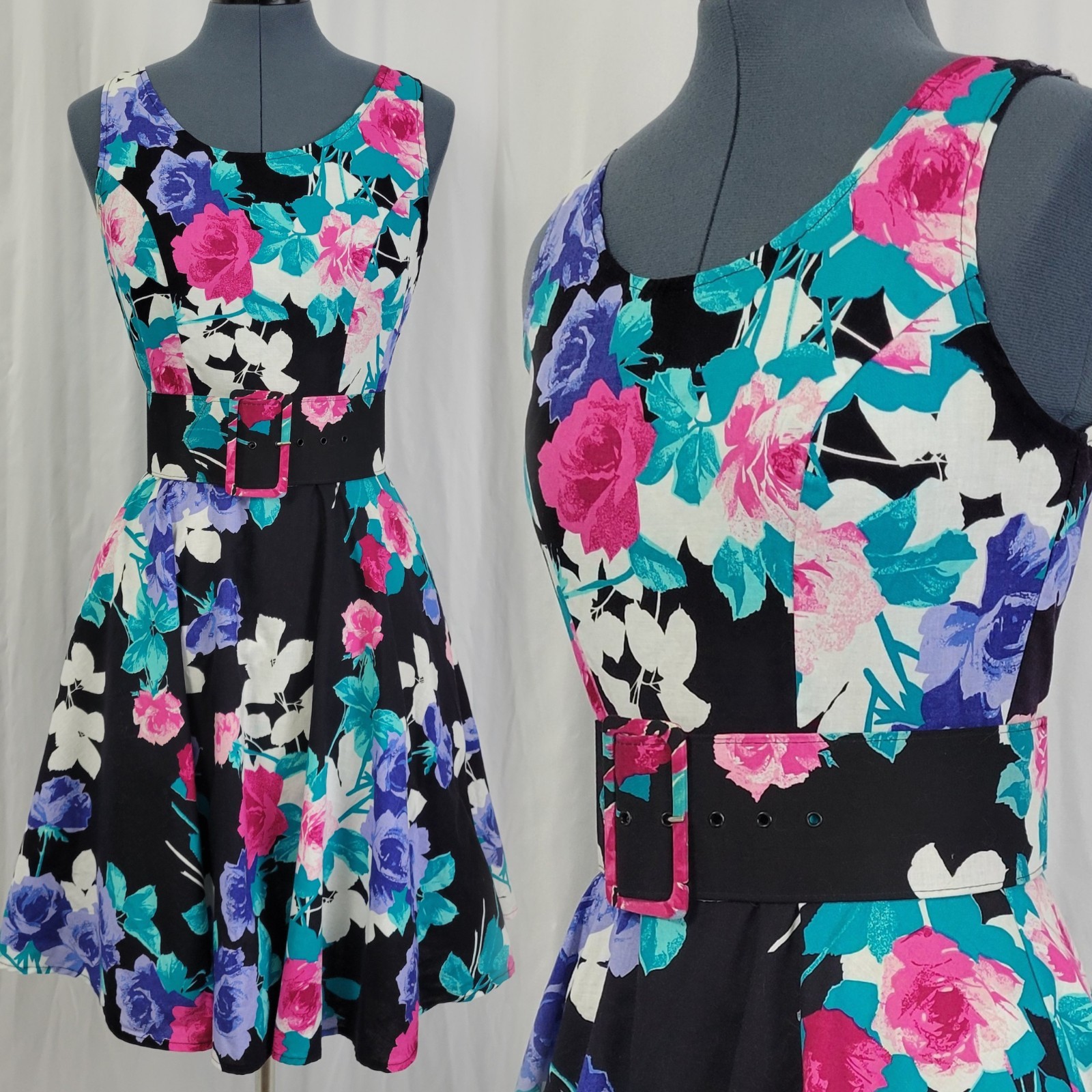 Vintage Jodi Michaels Black Dress w Pink/Teal/Purple Florals & Belt Size 7/8