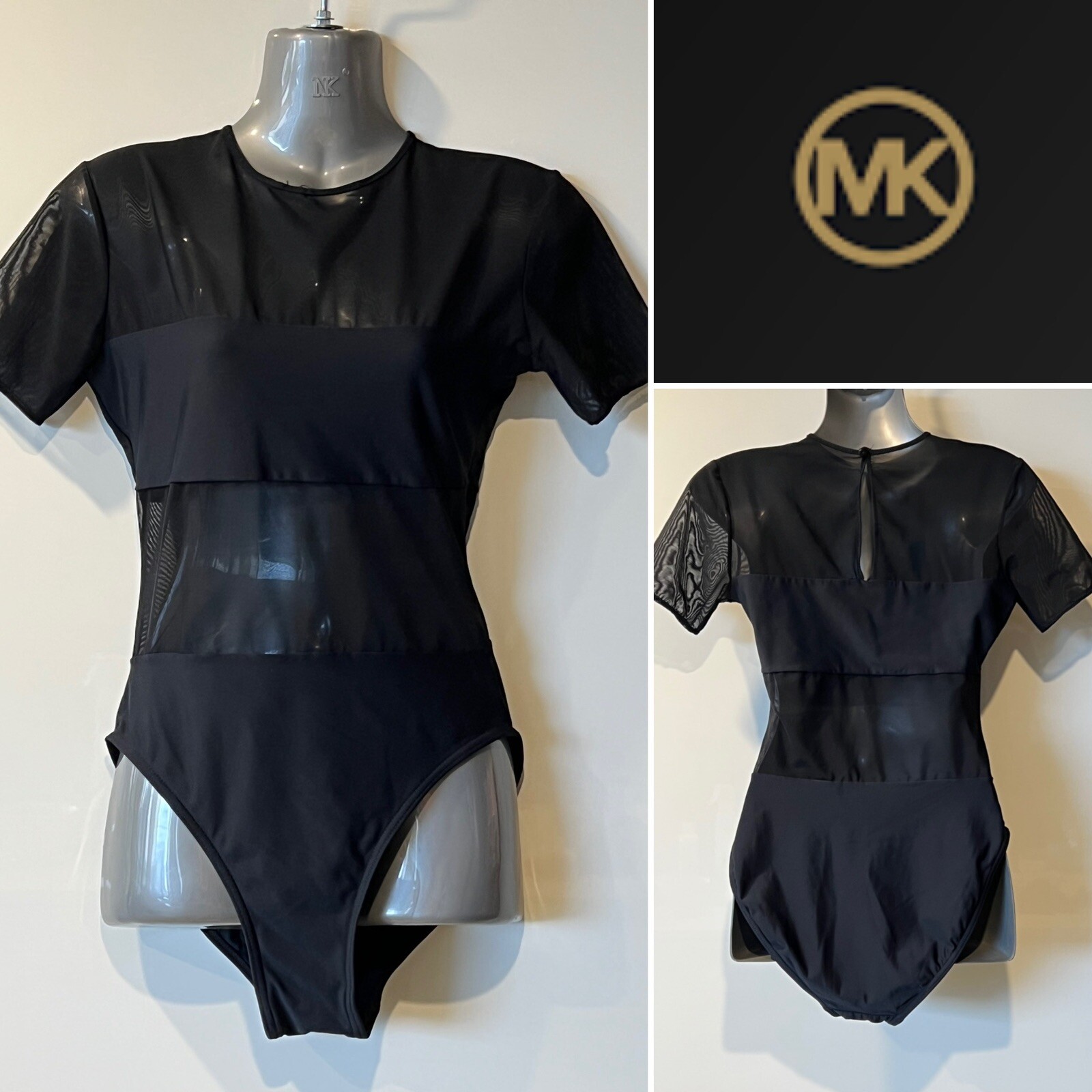 MICHAEL KORS Vintage BLACK MESH PANEL S/SLV BODYSUIT SWIMSUIT 12 AUST/8-10US