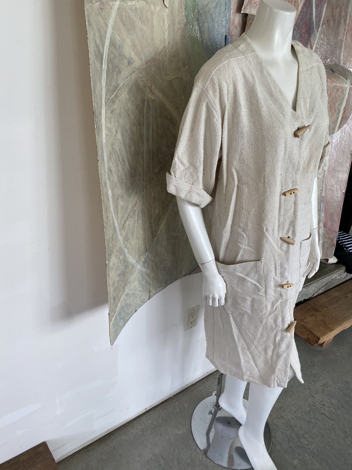 Vintage Regina Kravitz Dress Cream Linen Pocketed Size 6 Mid Length Boho Shift