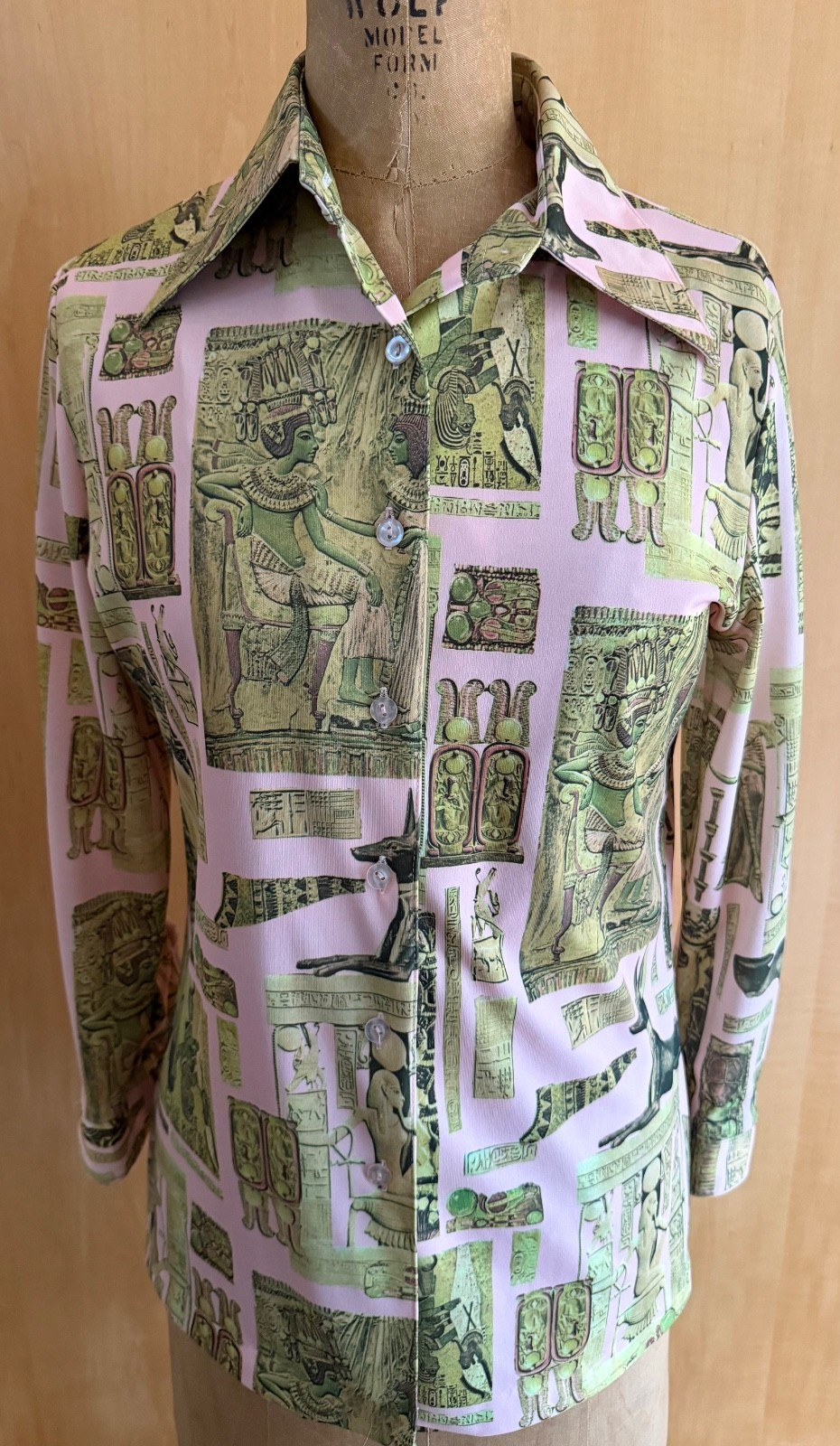 1970s Vintage Blouse Featuring Distinct Egyptian Hieroglyphics and Deity Print