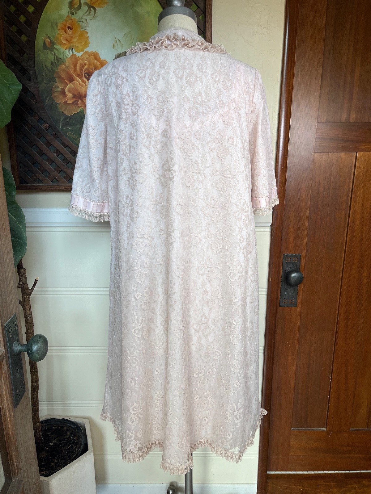 VTG Odette Barsa Floral Lace Robe & Pink Chiffon Nightgown Peignoir Coquette M/L