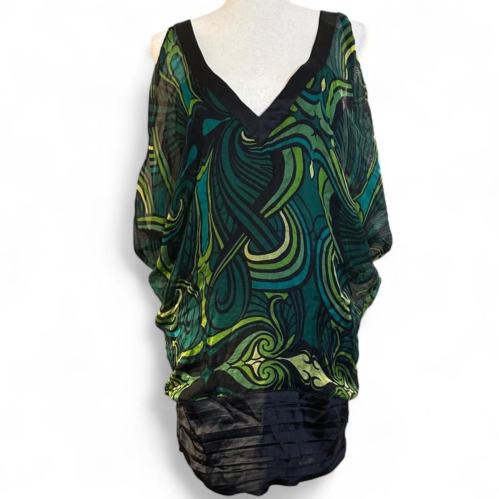BeBe Y2K Sheer Green Retro Swirl Prink Silk Mini Clubbing Dress