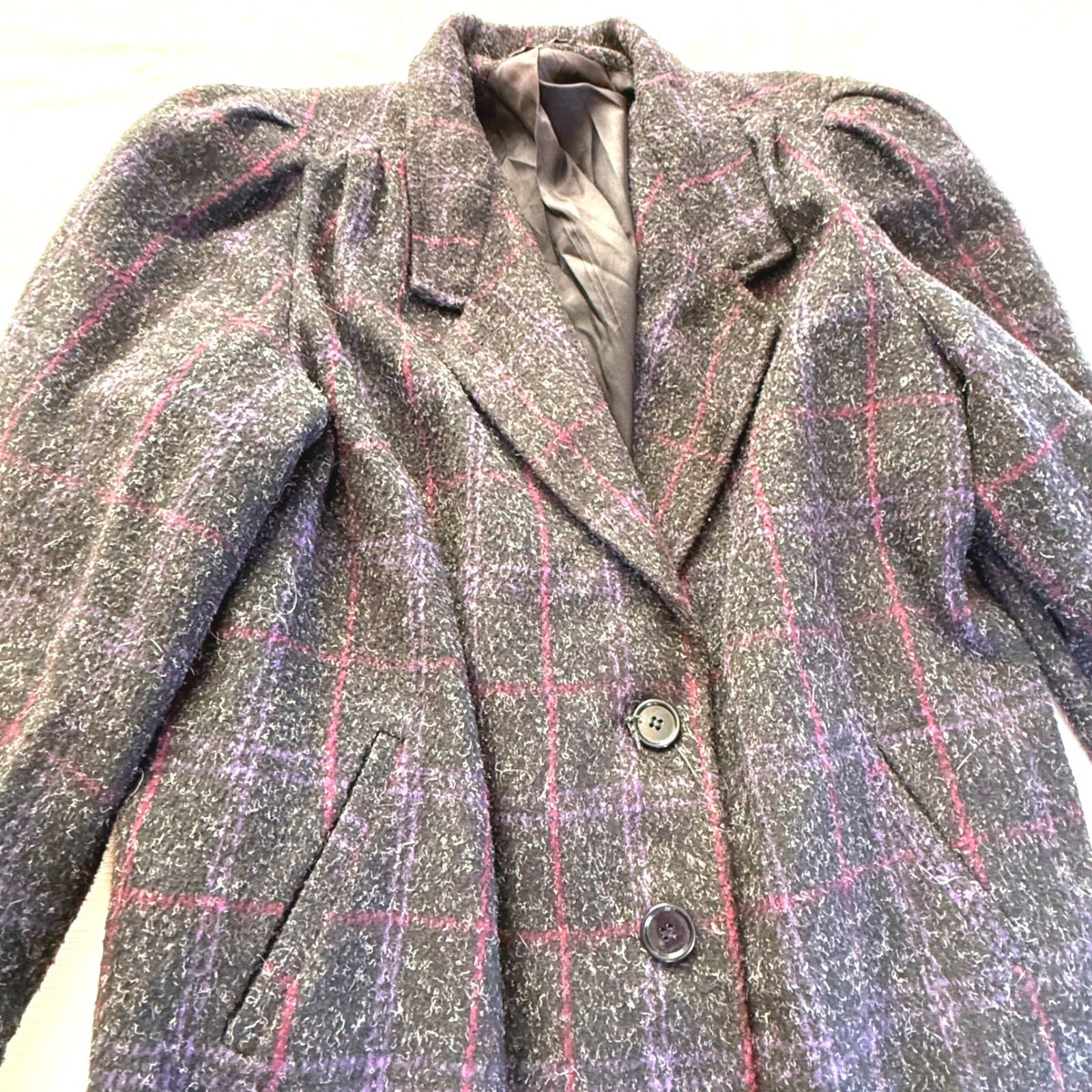 Vintage 80s Wool Plaid Blazer Coat NYC New York Girl Puff Shoulder Power Jacket