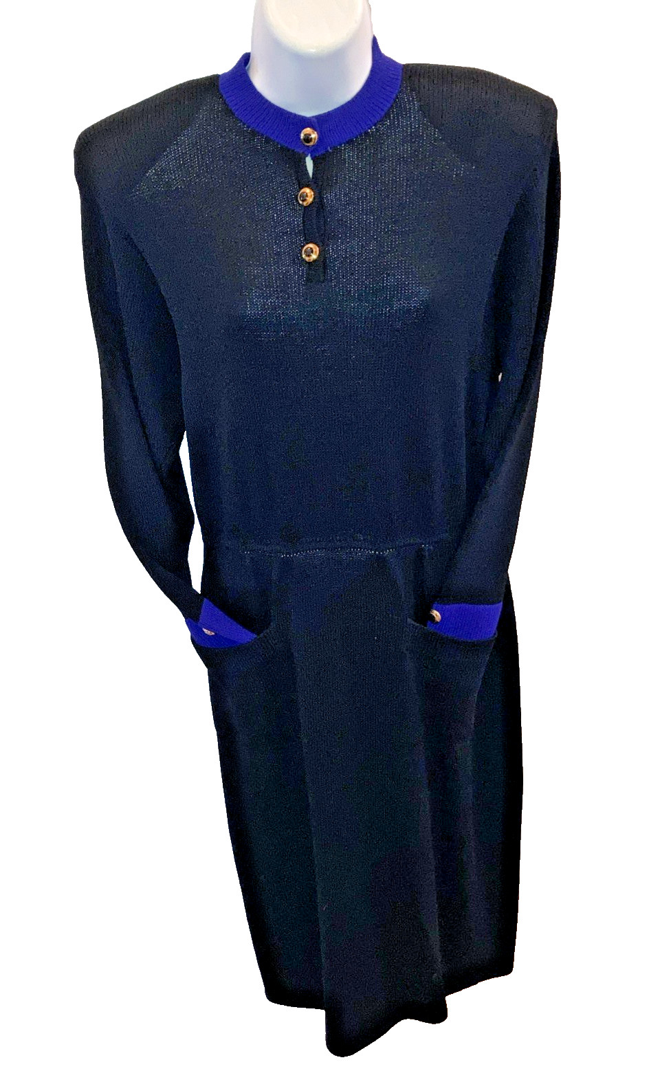 classic vintage St. John Marie Gray knit Santana Dress black / blue sz 6 pockets