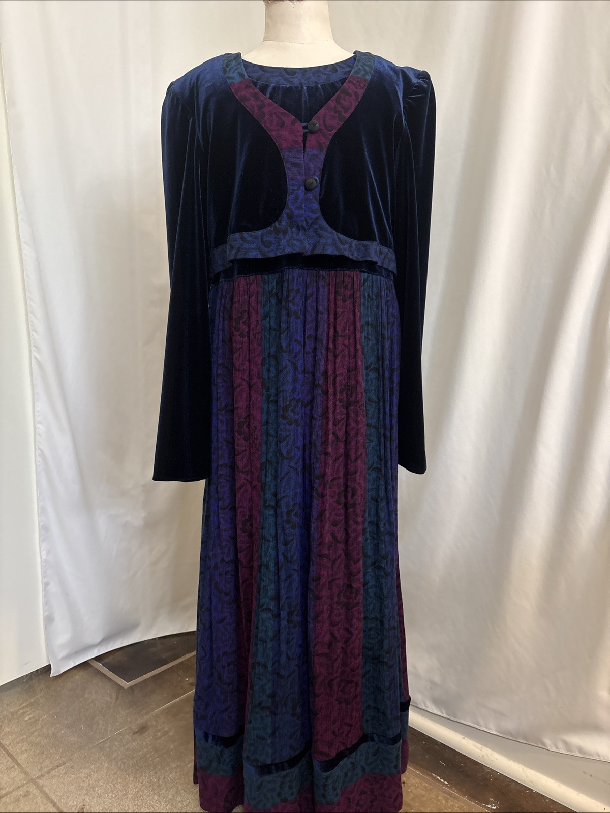 1980s Velvet Color block Midi Dress, Jewel Tone Boho Prairie Style Cottagecore