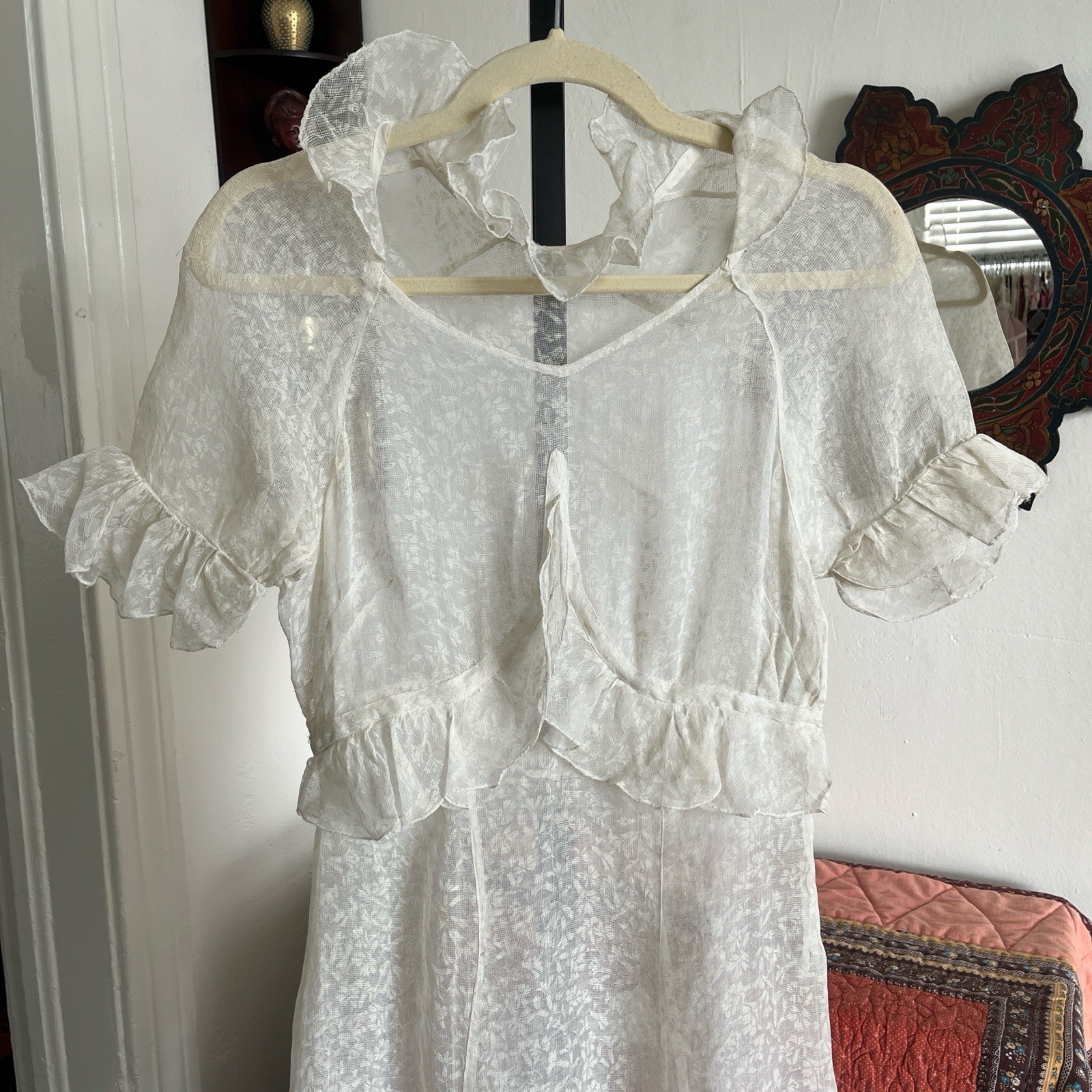 Antique Sheer White Organza Floral Print Maxi Dress w Ruffle Trim 27 Waist RARE