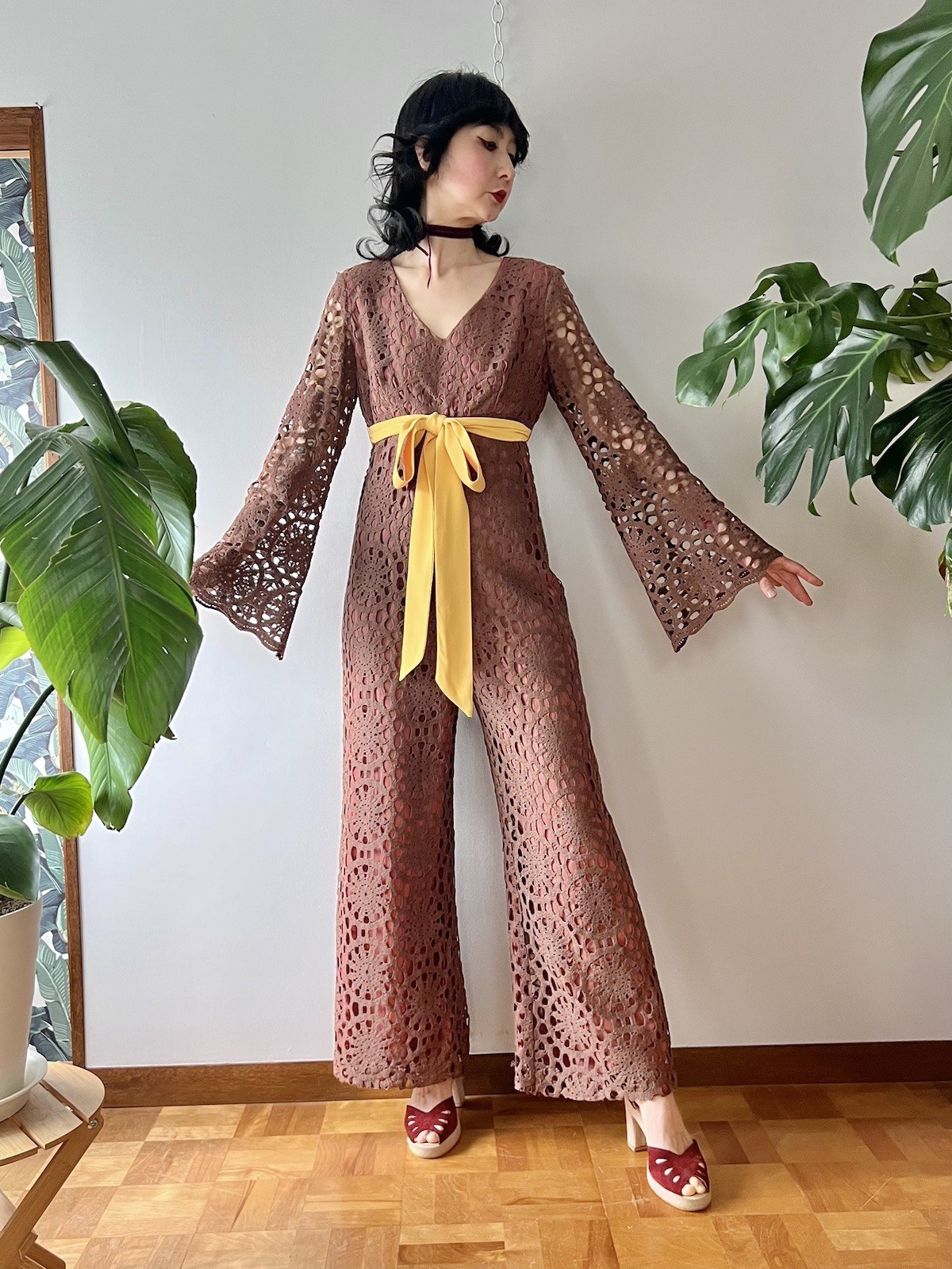 60s 70s Joy Stevens California Crochet Lace Bell Sleeve Flared Wide Leg Jumpsuit