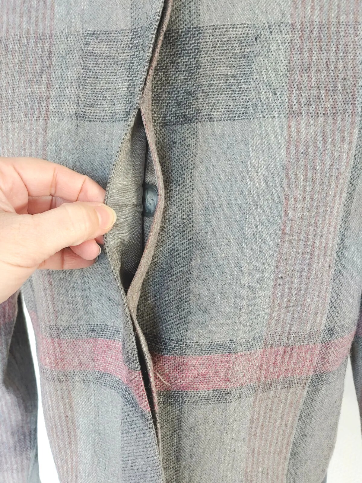 Vintage John Meyer Grey & Pink Plaid Collarless Wool Jacket Size 8