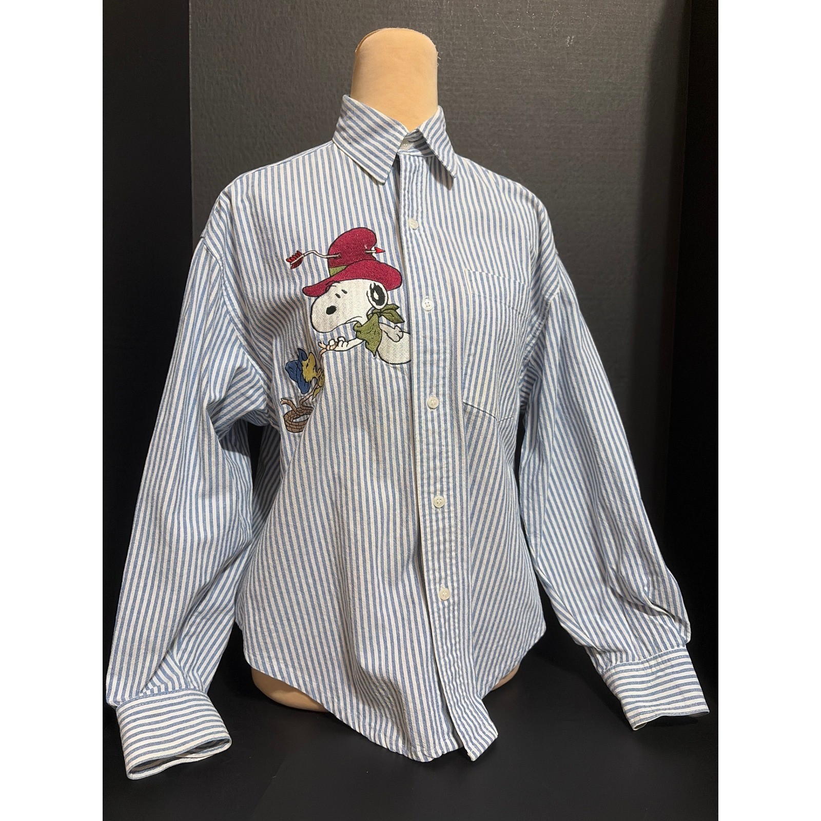 Too Cute! Snoopy Woodstock Embroidered Striped Button S Shirt Charlie Brown VTG