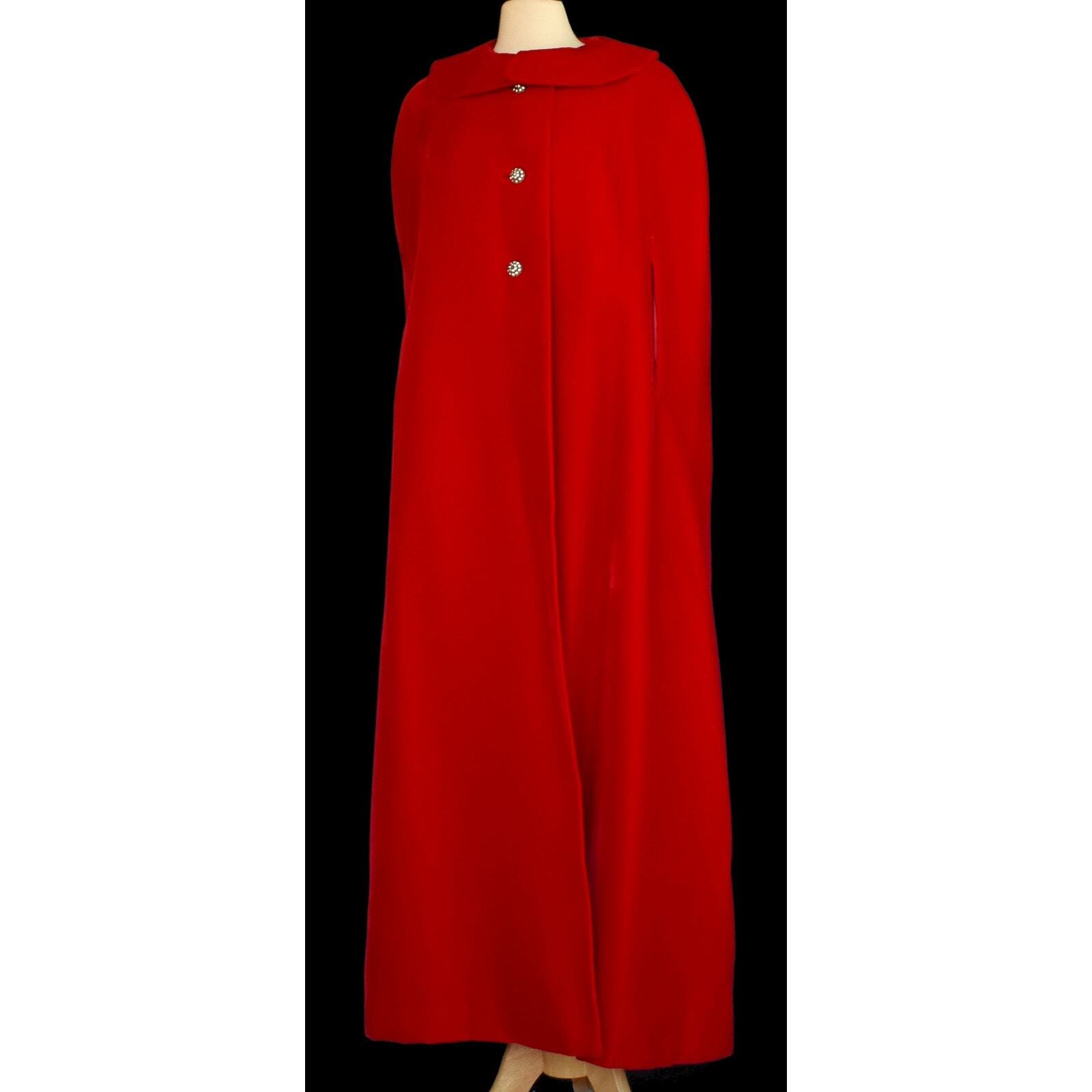 Vintage 60s Red Velvet Ankle Length Cape, Rhinestone Buttons, Size M, L, XL