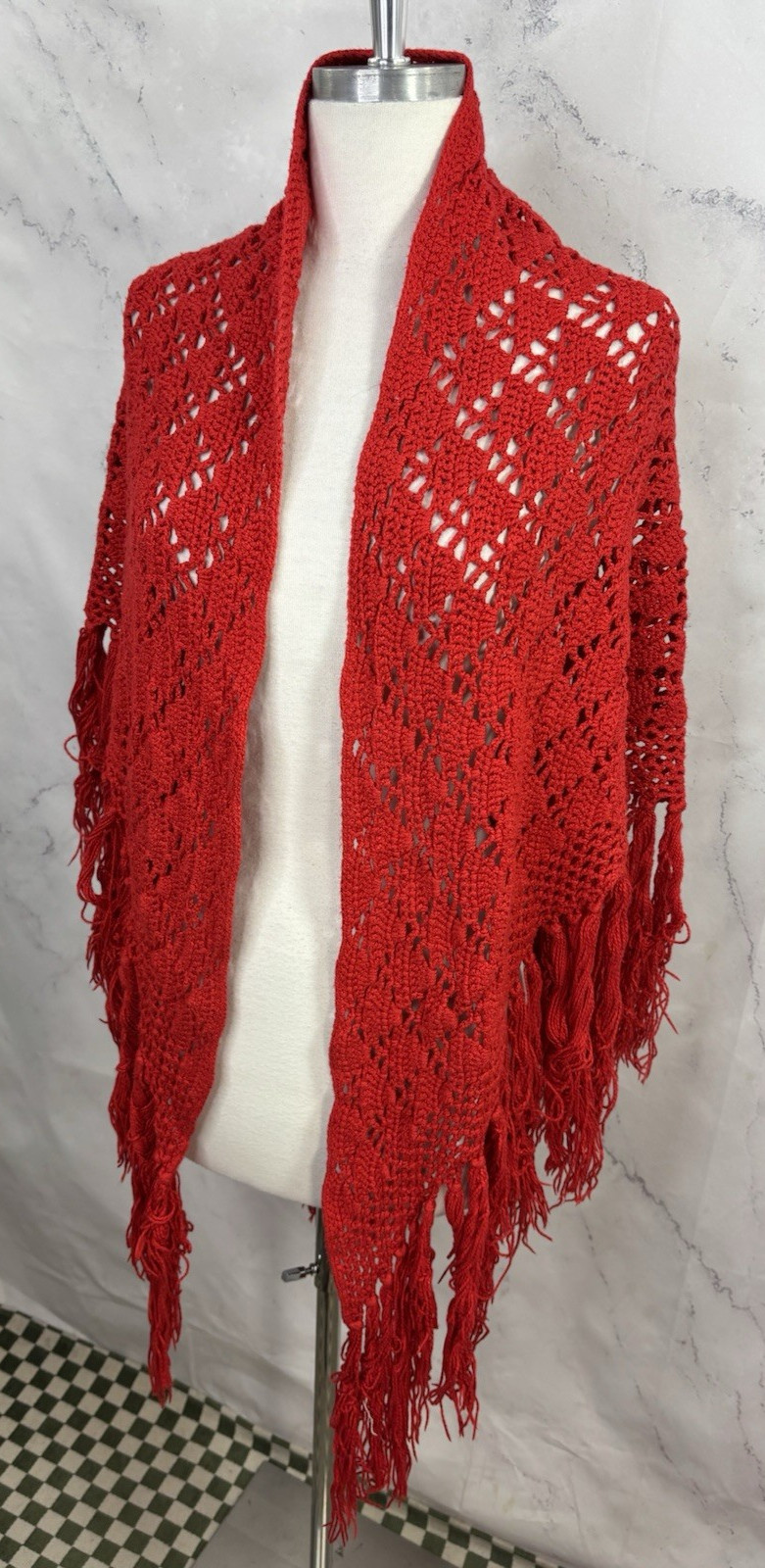 Vintage 70s Crochet Knit Shawl Red Cape Wrap cottagecore Boho Hippie Festival
