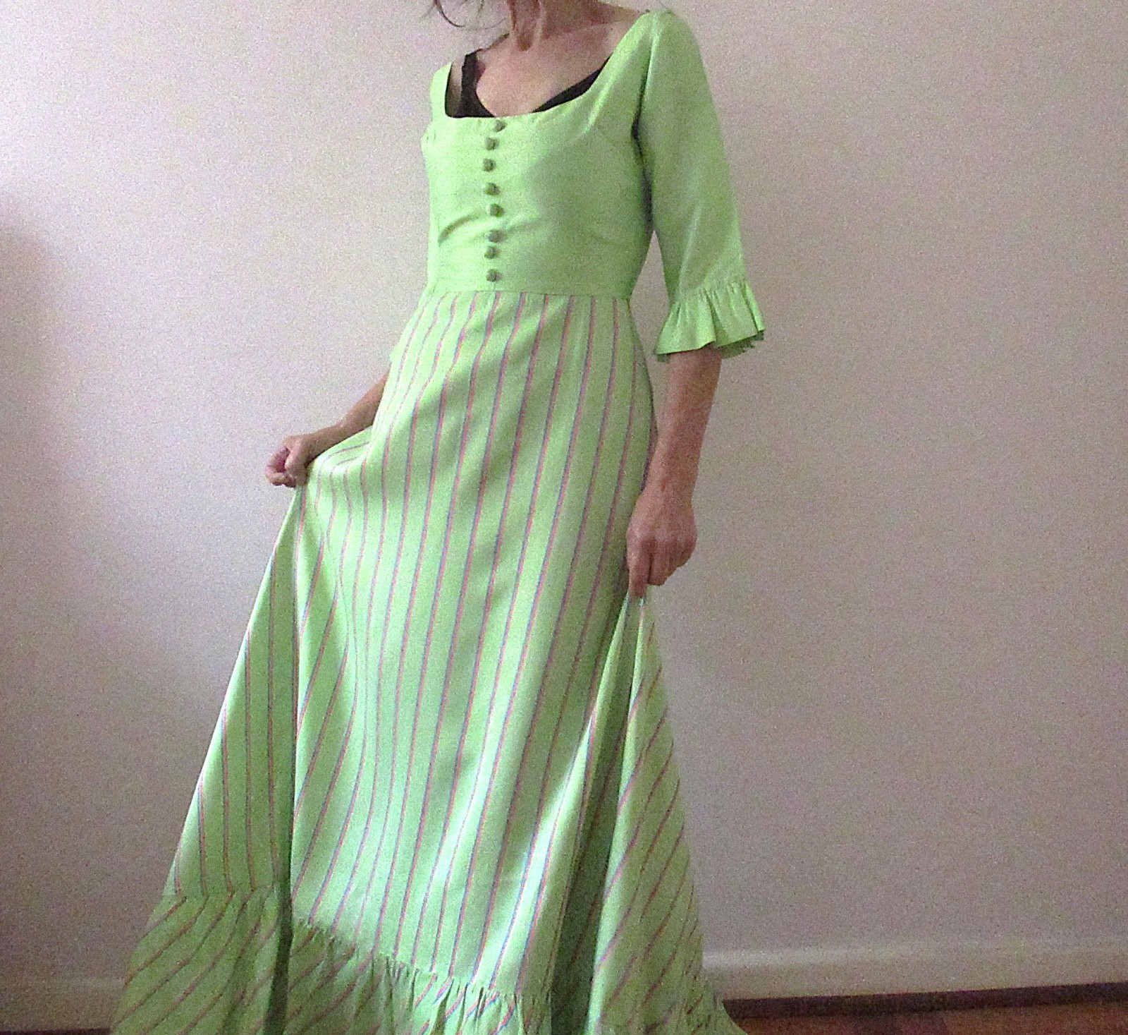 Vintage 70s Lime Green Prairie Bridgerton Empire Line Maxi Dress Small